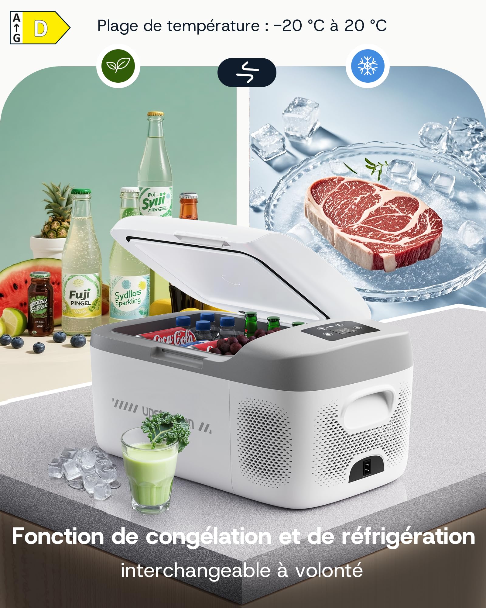 Upstreman Réfrigérateur Portable Électrique Compact 15L réfrigération/congélation - Compresseur Puissant, Silencieux 39dB et Adaptateurs 12V/230V Inclus pour Voiture et Maison, Blanc-AR18