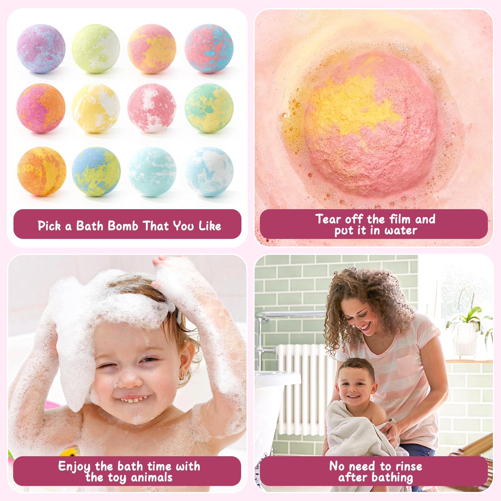 Bombe de Bain Enfant Surprise 12pcs Boule de Bain avec Jouets Chiens Chats Bombe de Douche Aromatherapie Jouets de Bain pour Enfant Fournitures de Loisirs Créatifs Cadeau Anniversaire Garçons Filles