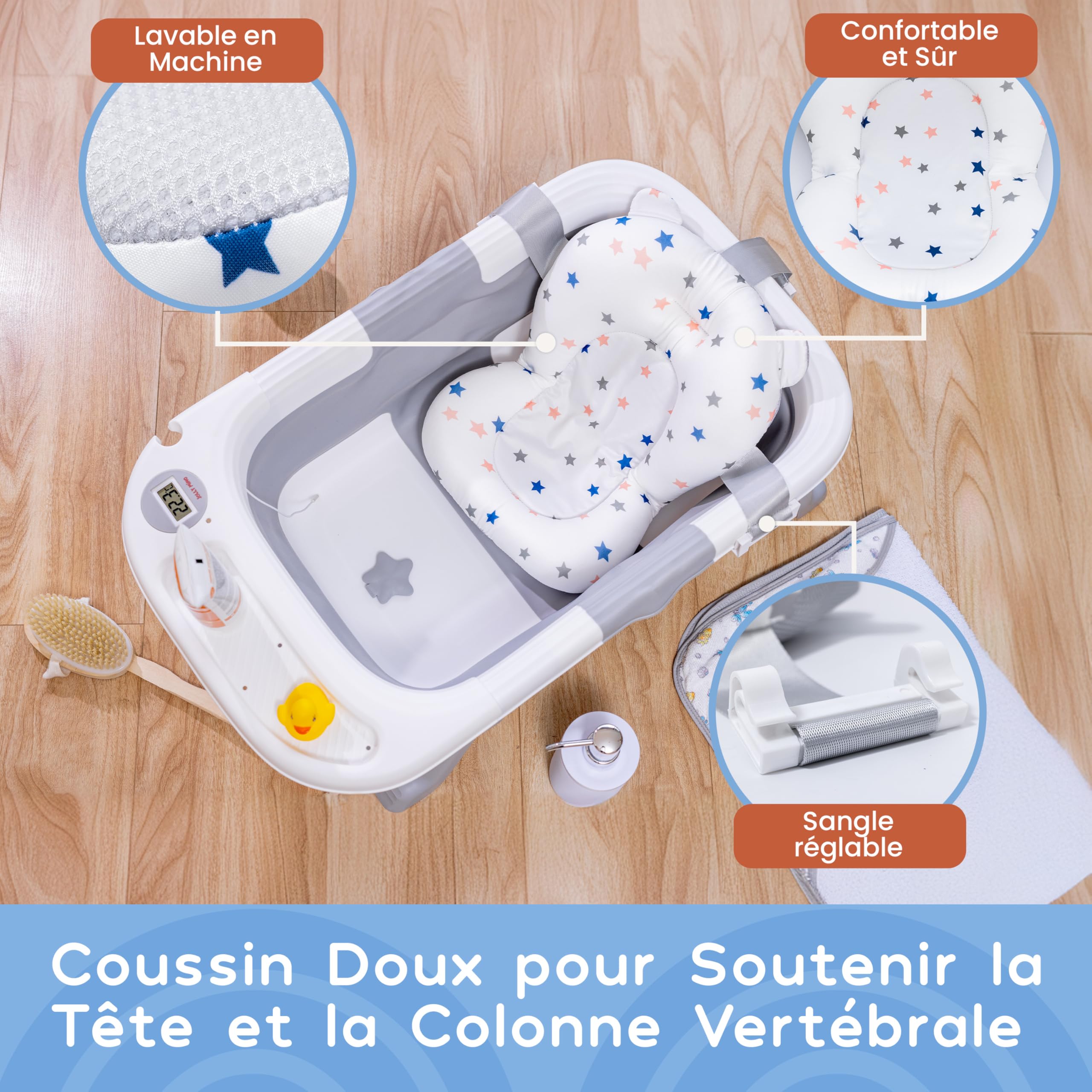 JOLLY MINO Baignoire Pliable Bébé avec Thermometre Digital et Coussin de Bain