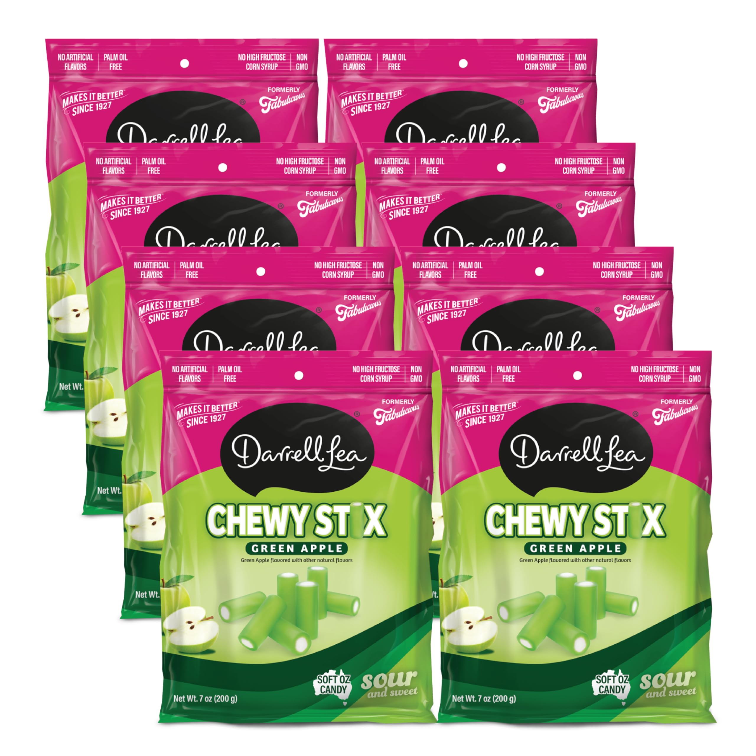 Darrell Lea Fabulicious Sour Candy Stix, Soft and Tangy, No Artificial Flavors, Palm Oil Free, Made in Australia, Shareable (Sour Apple, 7 Ounce (Pack of 8))