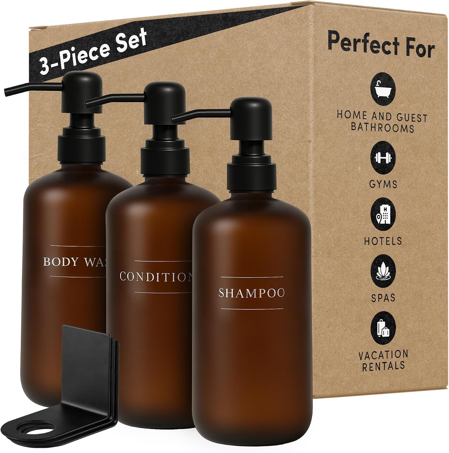 Shampoo and Conditioner Dispenser | Refillable Shower Dispenser Bottles | Bathroom Dispenser Sets | Wall Mount Shower Dispenser with No Drill Brackets | Amber Plastic Pump Bottles, 3 Pack, 16oz Each