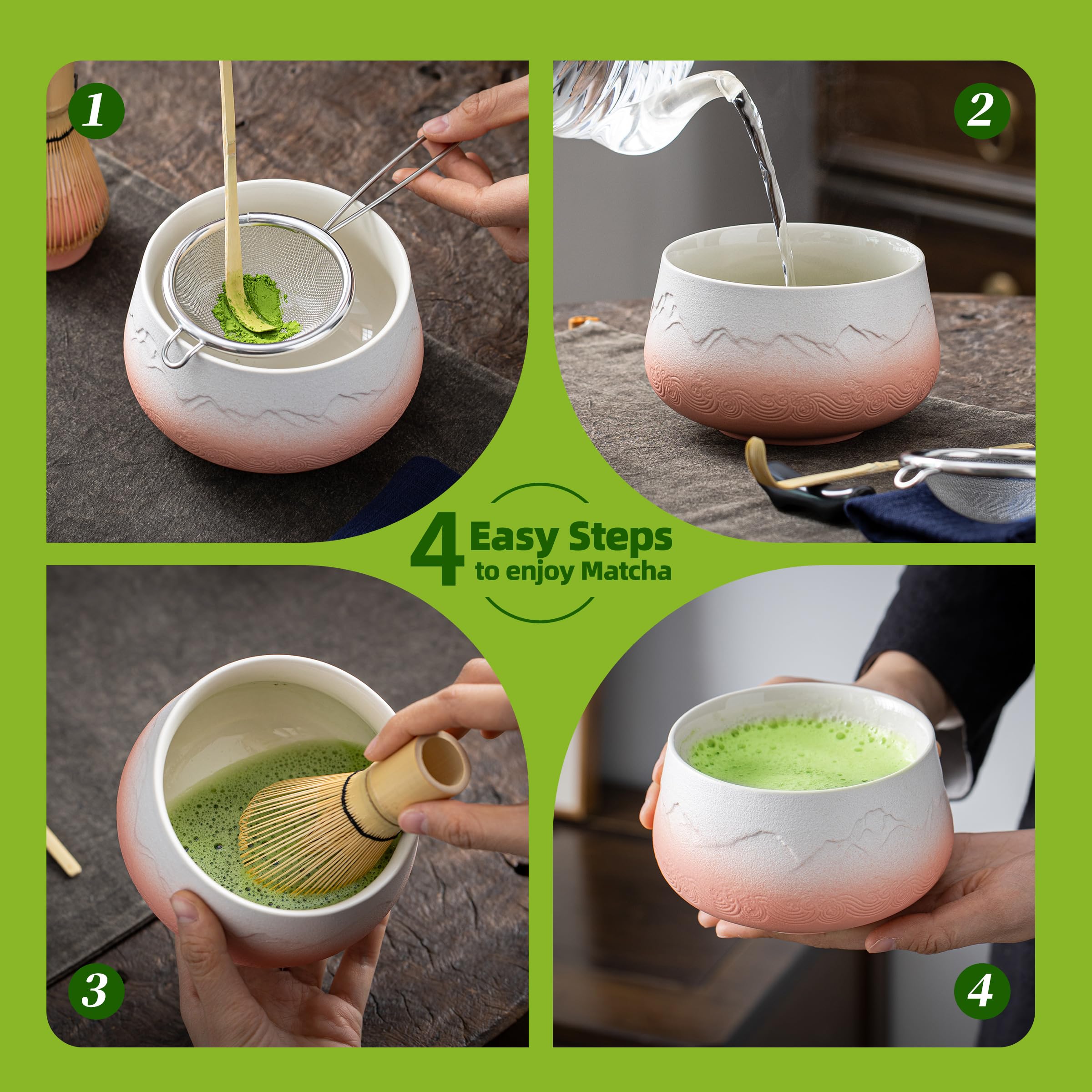 TEANAGOO Japoński zestaw matcha (7 szt.) zestaw do trzepaczki matcha mtacha miska do matcha bambusowa trzepaczka do matcha (Chasen) uchwyt na trzepaczkę (chashaku). N25, gradient różowy biały, matcha