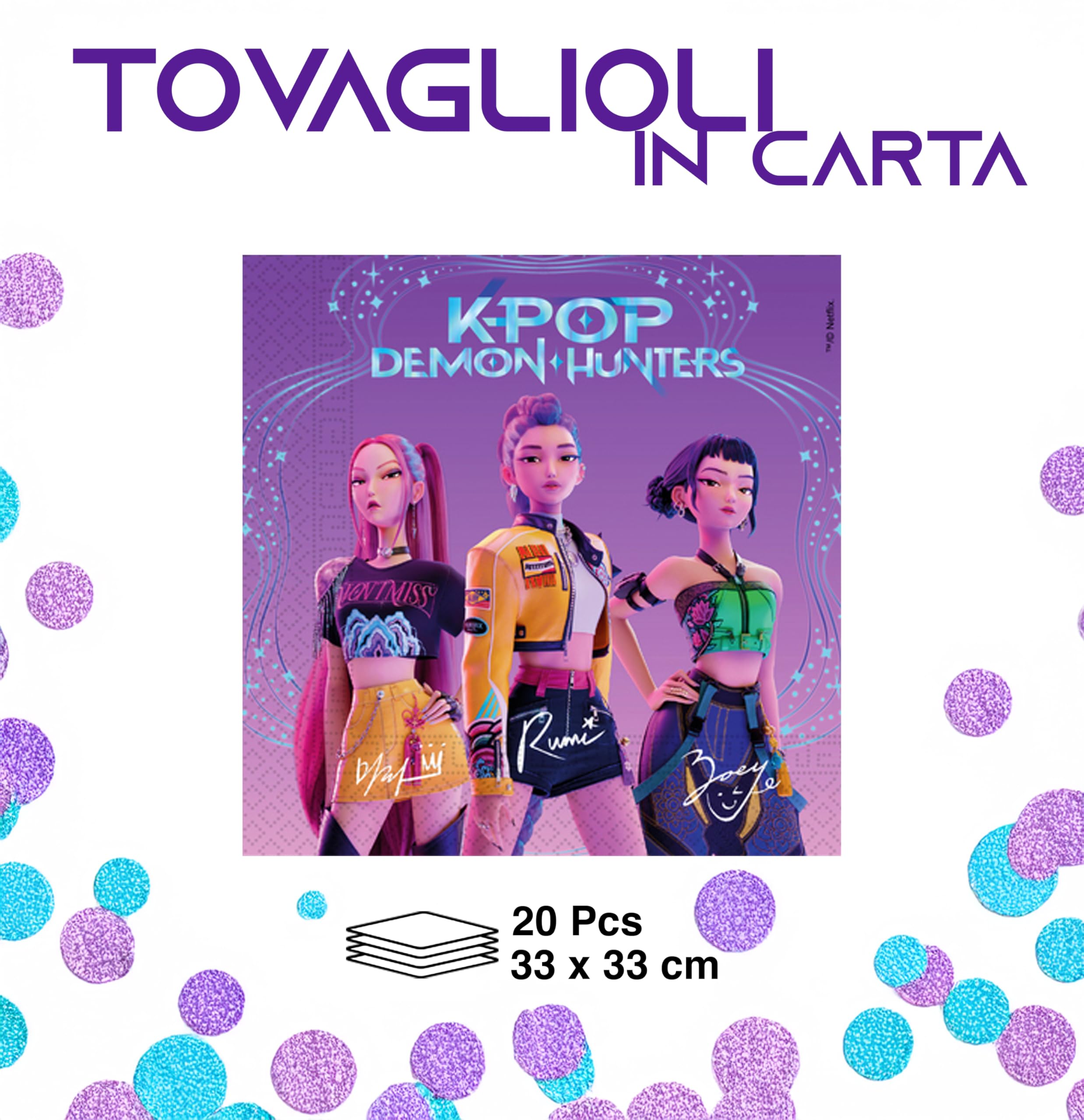 20 Tovaglioli K-pop Demon Hunters in Carta 33 x 33 cm, Decorazione Festa Compleanno, Tavola, per Bambini - 3