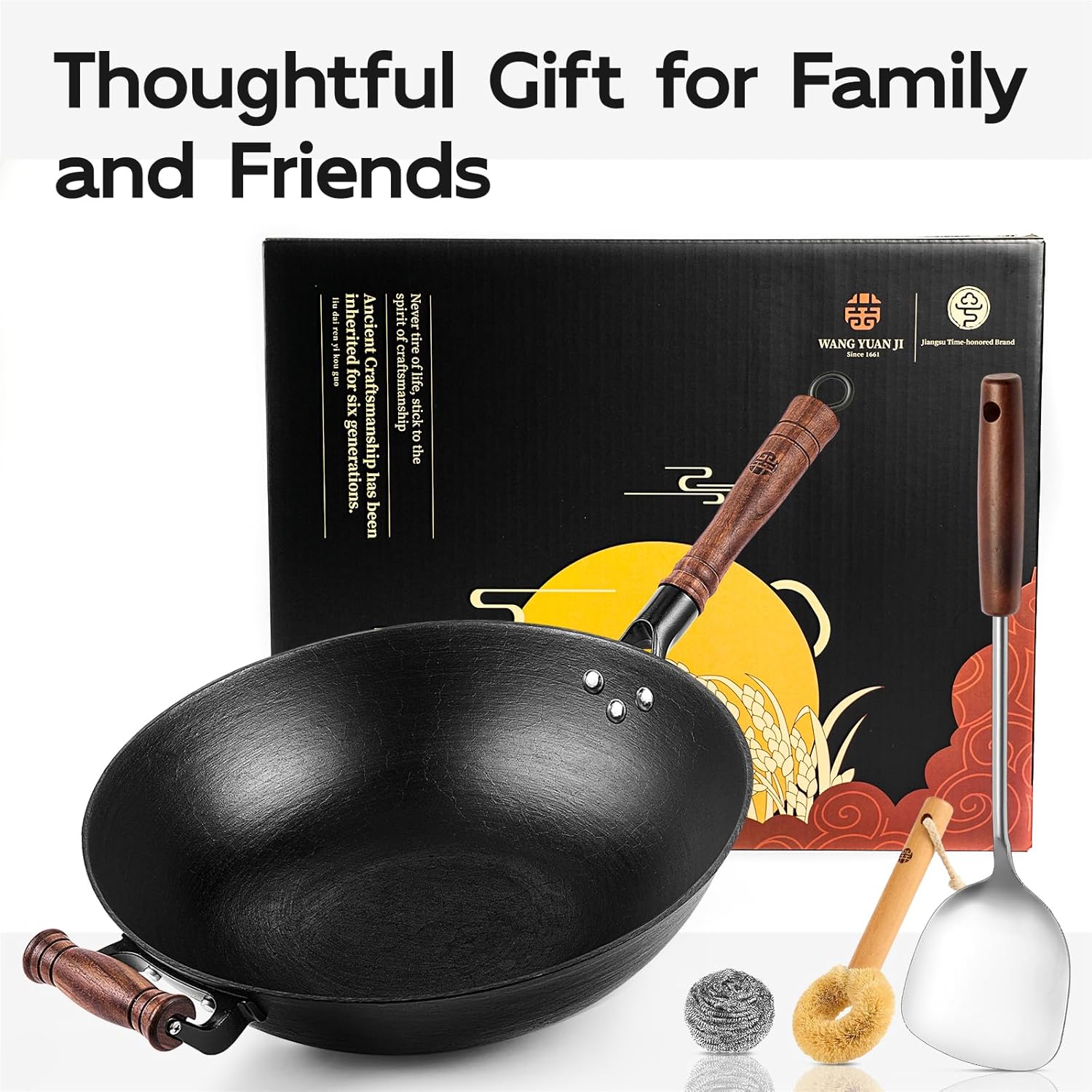 WANGYUANJI 13.4 Inch Cast Iron Wok Pan with Lid, Flat Bottom Uncoated Stir Fry Skillet, Heavy Duty Chinese Iron Pot for Family Cooking, Induction & Gas Stoves Compatible