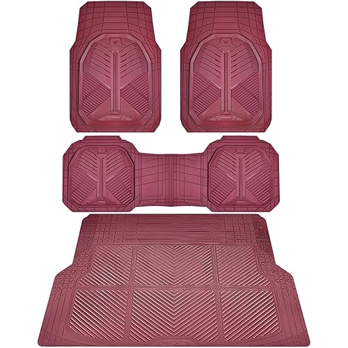 CAR PASS Heavy Duty Rubber Car Mats with Cargo Liner, Deep-Dish Car Floor Mats and Trunk Mat All Weather, Universal Trim-to-Fit for SUVs Trucks Sedans, Waterproof Anti-Slip, Trimmable V12 Burgundy