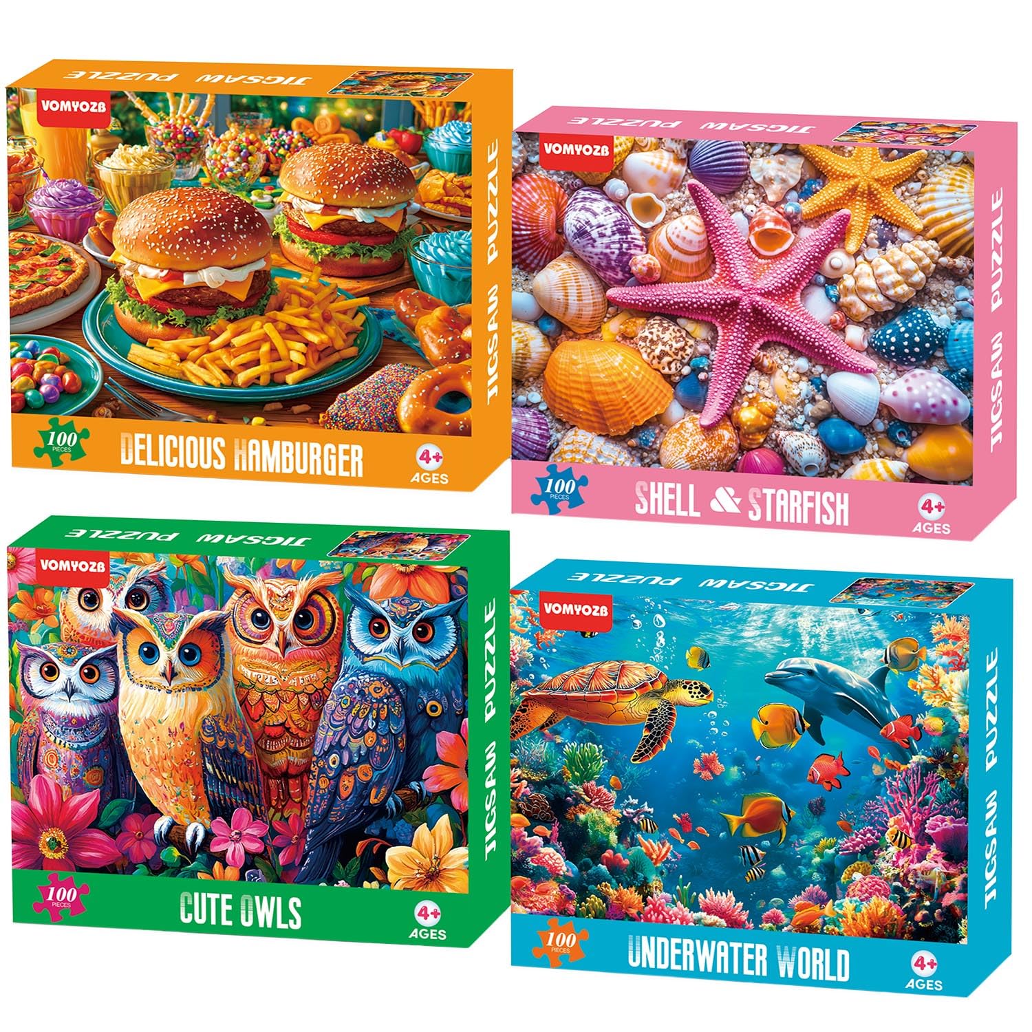 4 Packs 100 Piece Puzzles for Kids Ages 4-6, Jigsaw Puzzles for Kids Ages 6-8 8-10 Sea World, Owls, Hamburger, Starfish Learning Educational Toys for Boys and Girls