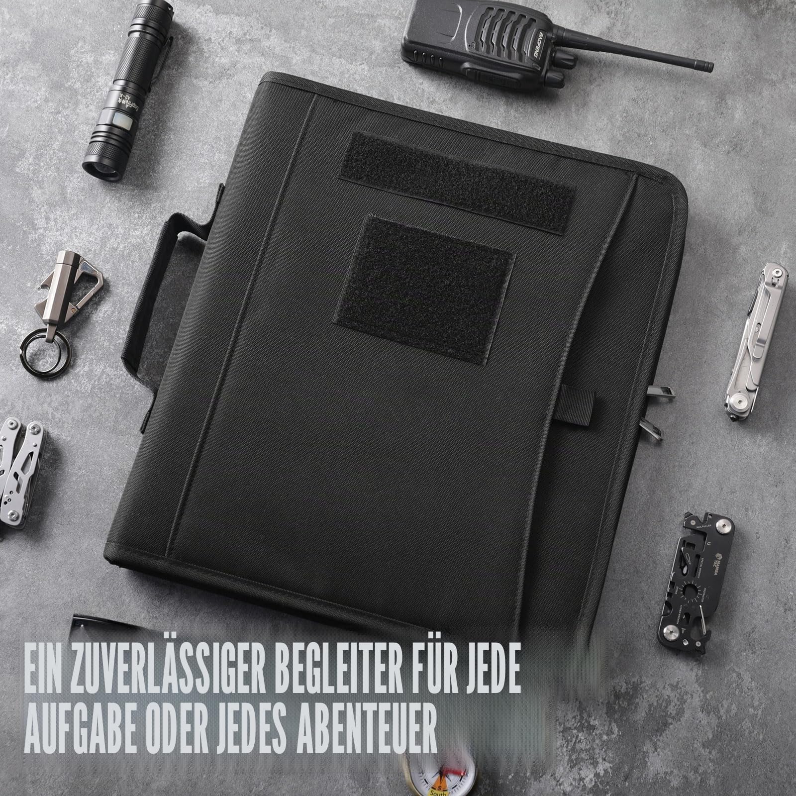 Kosibate Taktisches Padfolio-Ordner mit Reißverschluss und 25 Blatt Papier in Briefgröße, Notizbuchhülle, taktisches Notizbuch mit Reißverschluss für Ordner, abnehmbarer 3-Ringordner (A4, Schwarz