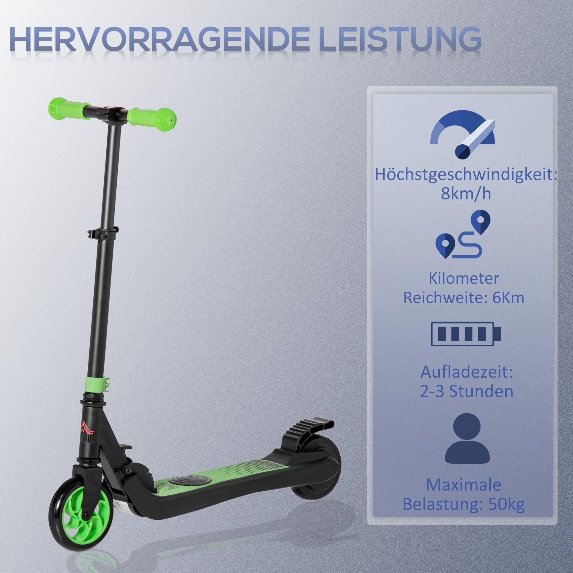 HOMCOM E-skuter elektryczny 120 W silnik 6 km maks. zasięg 8 km/h elektryczny Obciążenie do 50 kg, e- dla osób w wieku 6+ zielony+biały