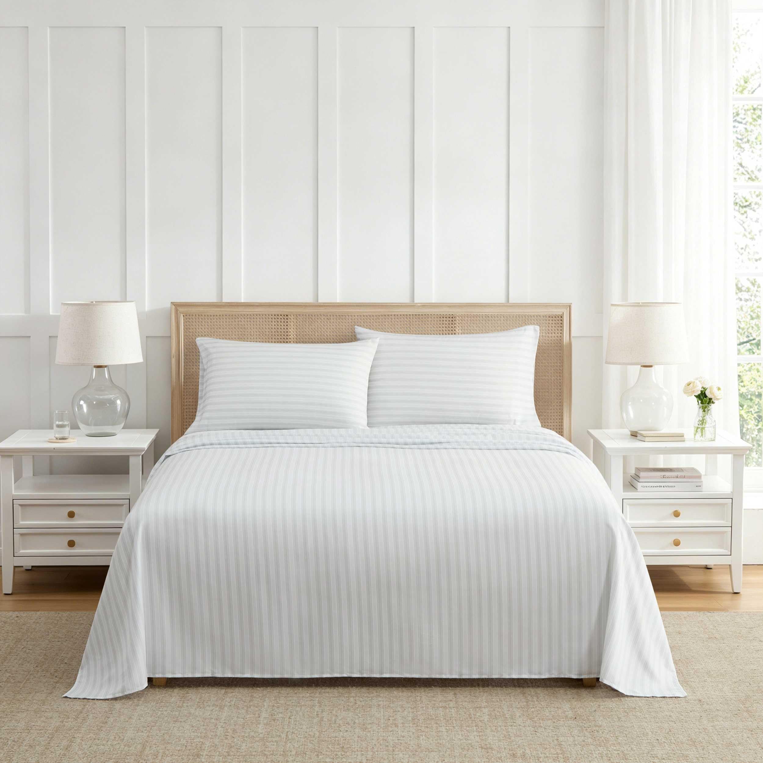 Martha Stewart - Twin Sheet Set with Fitted Sheet & Pillowcase, Soft & Lightweight Bedding, Deep Pocket, Tate Stripe Grey