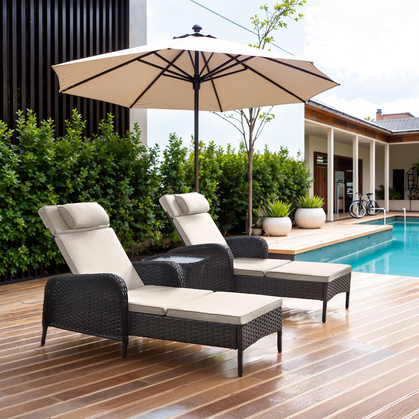 Belord 3 Piece Outdoor Chaise Lounge Patio Recliner - 75 Inch Adjustable Wicker Chaise Lounge with Soft Pillow Removable Cushions, All Weather Rattan