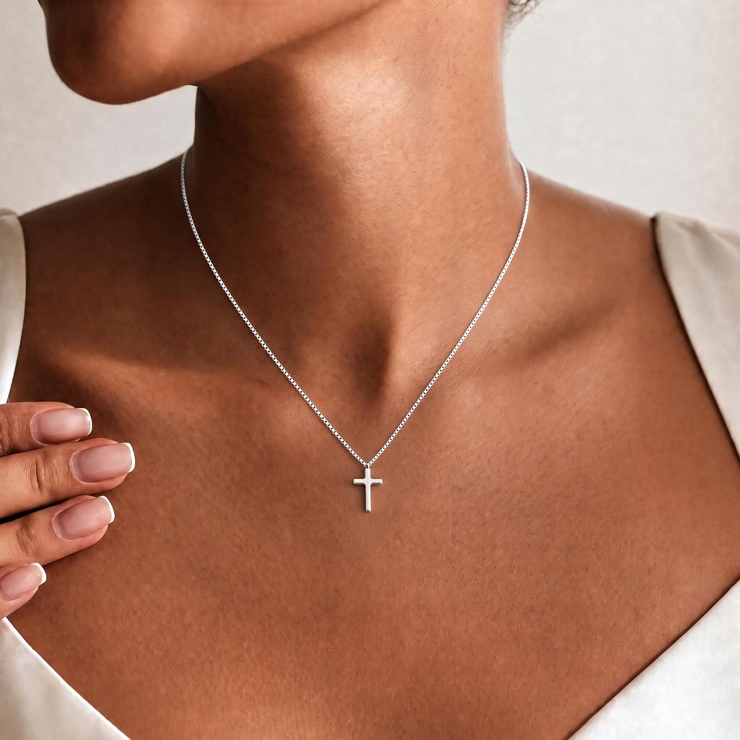 925 Sterling Silver Cross Necklace for Women,1.0MM Box Chain Cross Necklace