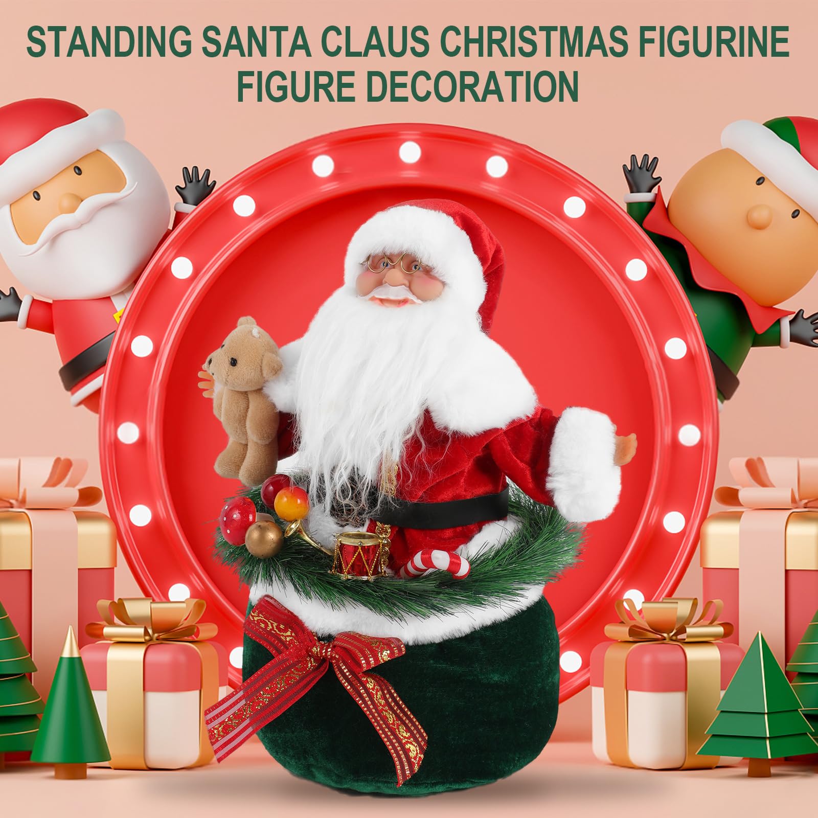 Gfilay Figurine de Père Noël de Noël, figurine de collection Père Noël dansant avec musique tenant l'ours et debout à l'intérieur du sac cadeau – Interrupteur à induction