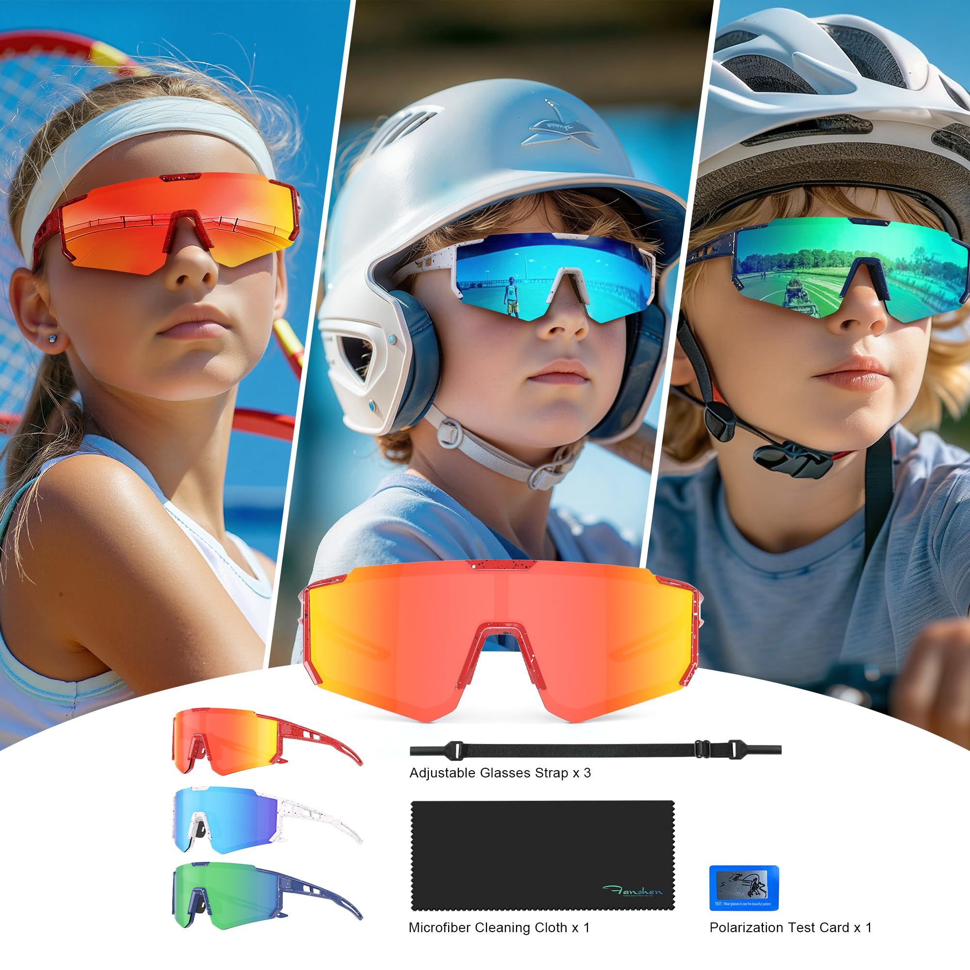Fanshen Polaryzacyjne dziecięce okulary baseballowe - sportowe okulary przeciwsłoneczne softball jazda na rowerze dla chłopców dziewcząt w wieku 3-12 lat ochrona UV
