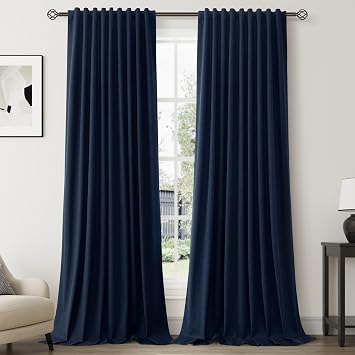 Navy Blue Linen 100% Blackout Curtains for Bedroom 96 Inch Length 2 Panels Set Back Tab Pocket Neutral Farmhouse Living Room Darkening Curtain Track System Thermal Insulated Black Out Drapes 52x96