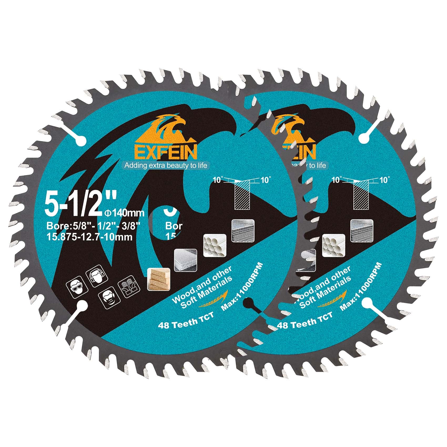 EXFEIN 140mm Wood Cutting Discs 2pcs, 48 Teeth ATB TCT Fine Finish Disc with 15.875mm Bore for Wood Plastic