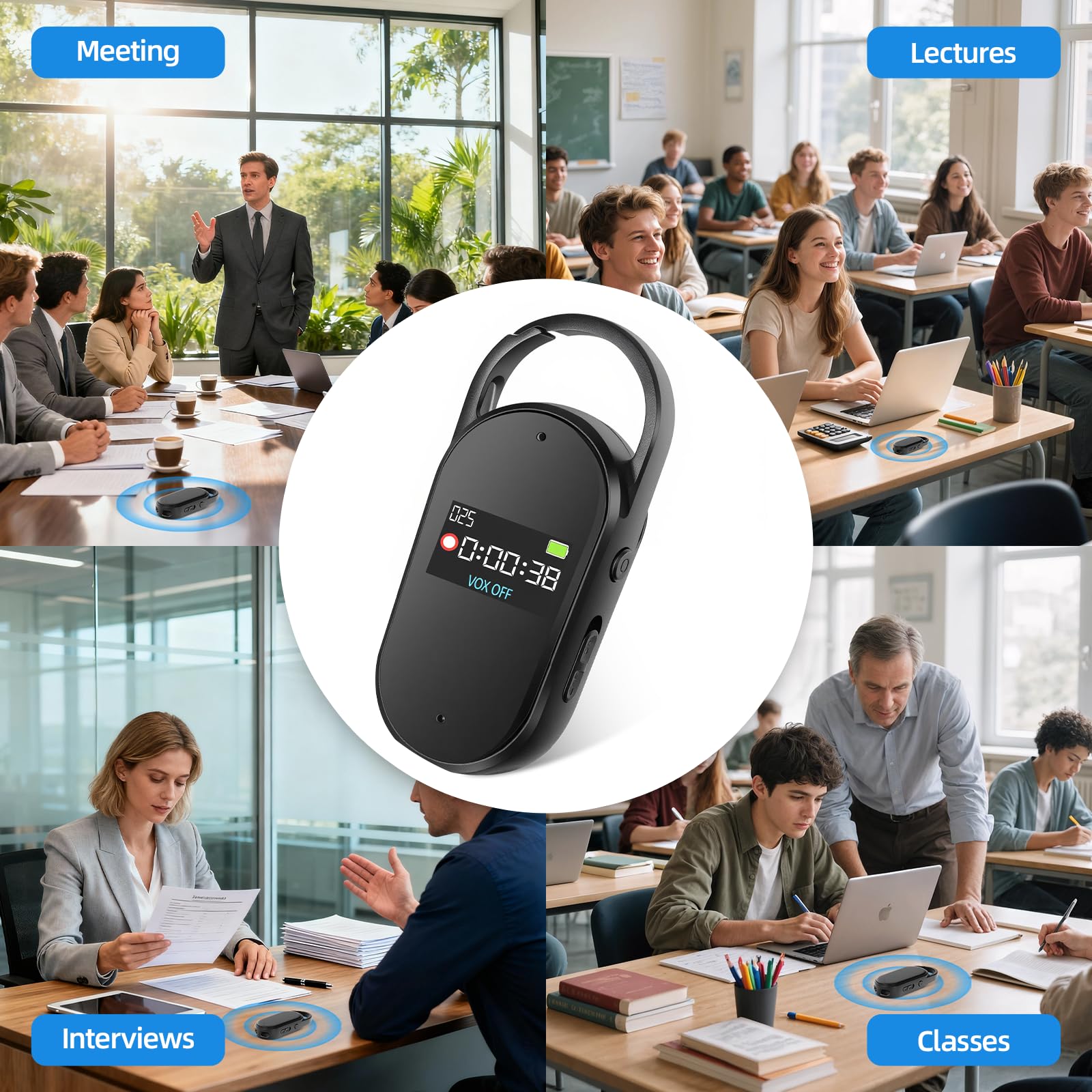 64GB Grabadora de Voz - Portátil Mini Grabador de Audio Digital Profesional con Activación por Voz y MP3, Diseño en Llavero, AGC Reducción de Ruido, Clases, Reuniones, S29 (Black)