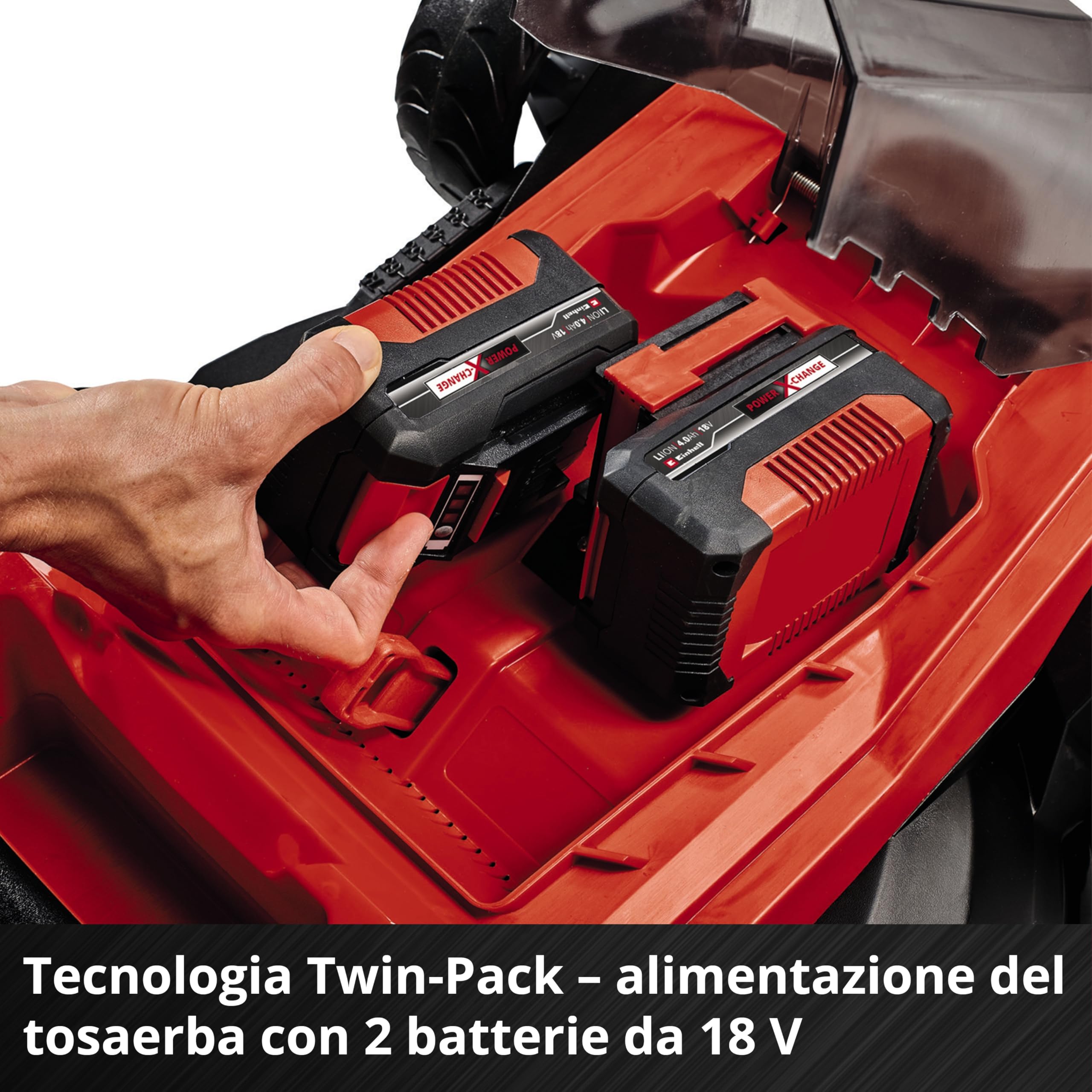 Einhell GE-CM 36/43 Li M - Solo Tagliaerba a batteria Power X-Change (36 V, taglio 43 cm, raccolta 63 L, ruote ant. 160 mm, kit mulching incluso, ruote post. 250 mm, senza batteria e caricabatteria)