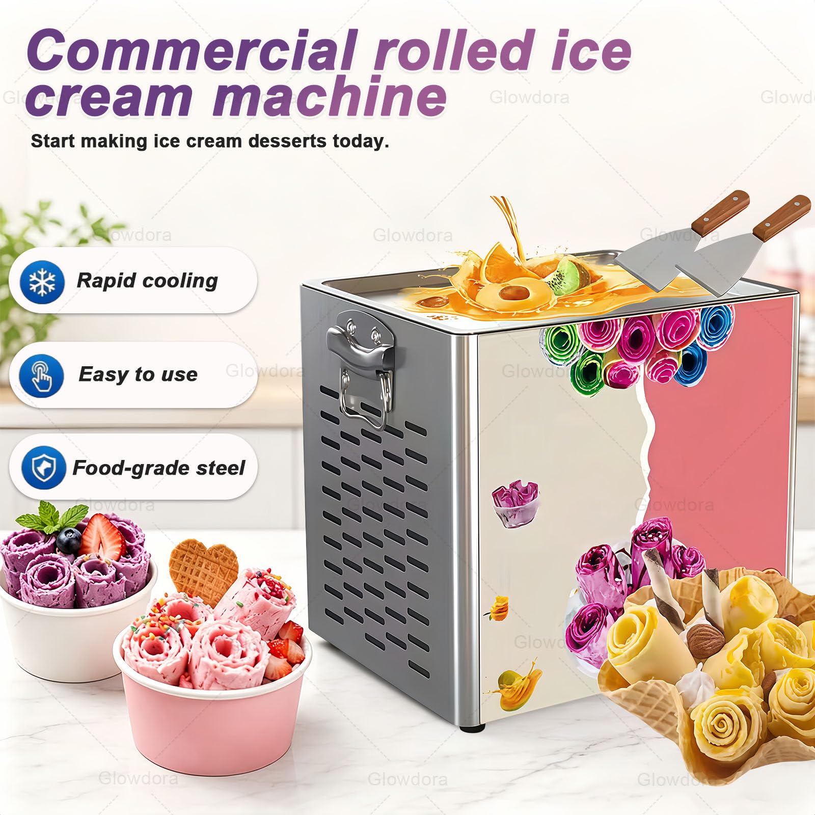 Macchina Professionale Elettrica da Banco in Acciaio Inox per Gelato Arrotolato (Fried Ice Cream), Yogurt E Smoothie, per Negozi, Bar, Ristoranti E Uso Domestico