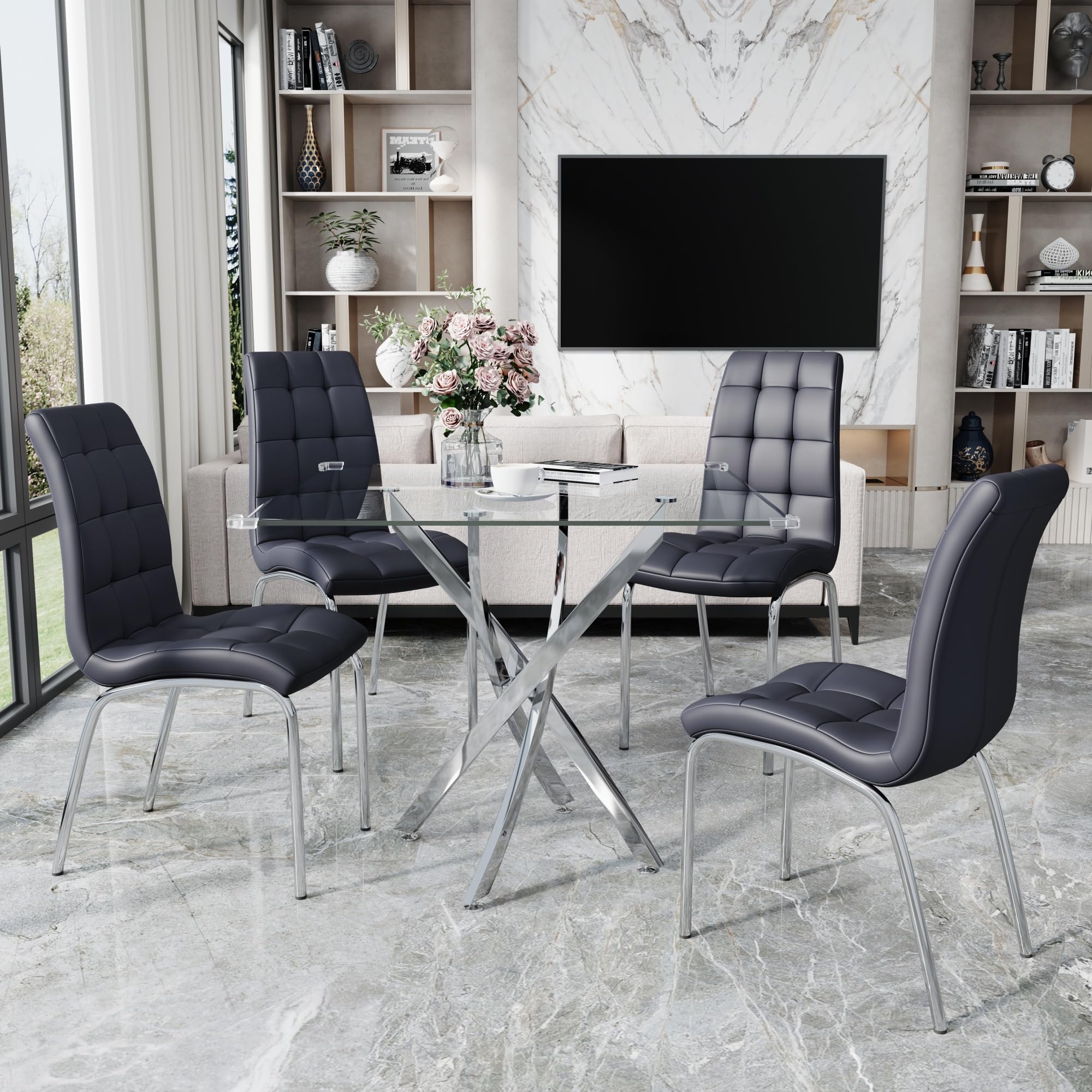 5 Piece Square Glass Dining Table Set, Round Tempered Glass Kitchen Table for 4, Modern Table with 4 High-Back Upholstered Chairs for Kitchen Dining Room (Silver Legs, 4 Black Chairs)