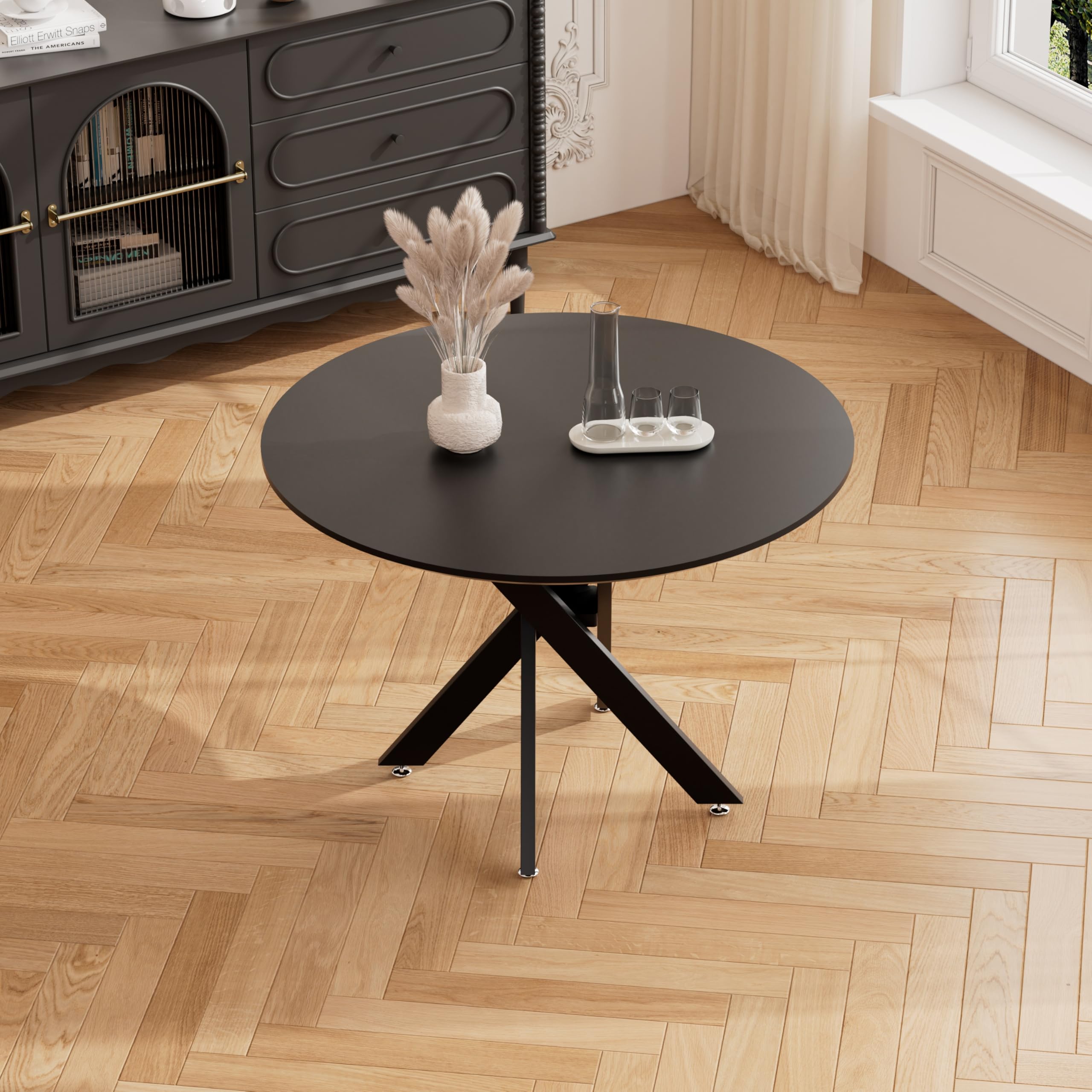 RGZ 36" Round Dining Table for 2-4, Modern Wooden Circle Dining Table Save Space, Black Kitchen Table with Wooden Table Top & Intersecting Metal