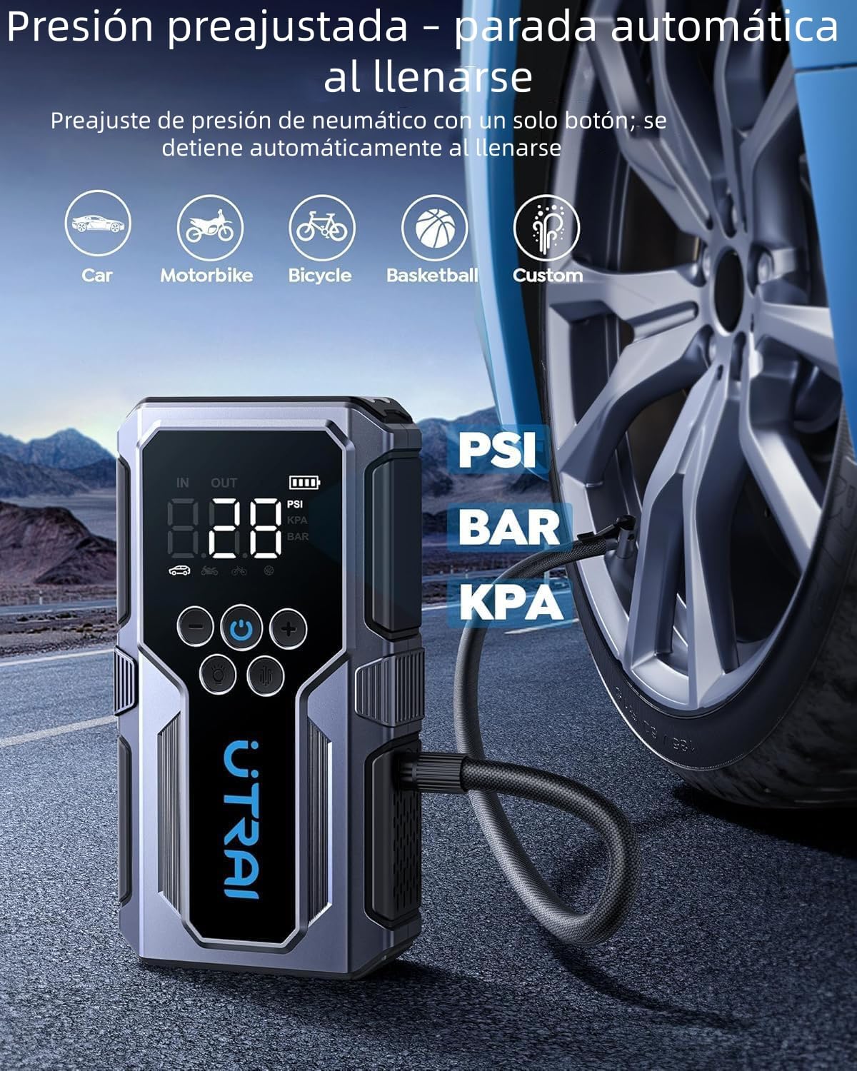 Arrancador de Baterías de Coche con Compresor de Air,UTRAI Arrancador de Coches(9L Gasolina o 7.5L Diesel)con 18W Carga Rápida,Pinzas de arranque forzado,5000A Jump Starter,Linterna LED Salida