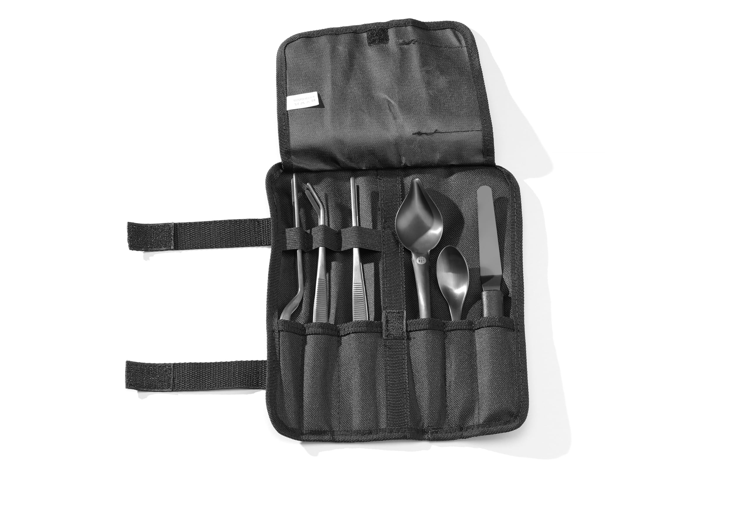 HENDI Anrichteset, 6 Stück: Pinzette-Löffel,-Spatel, inkl. Etui, Edelstahl, schwarz