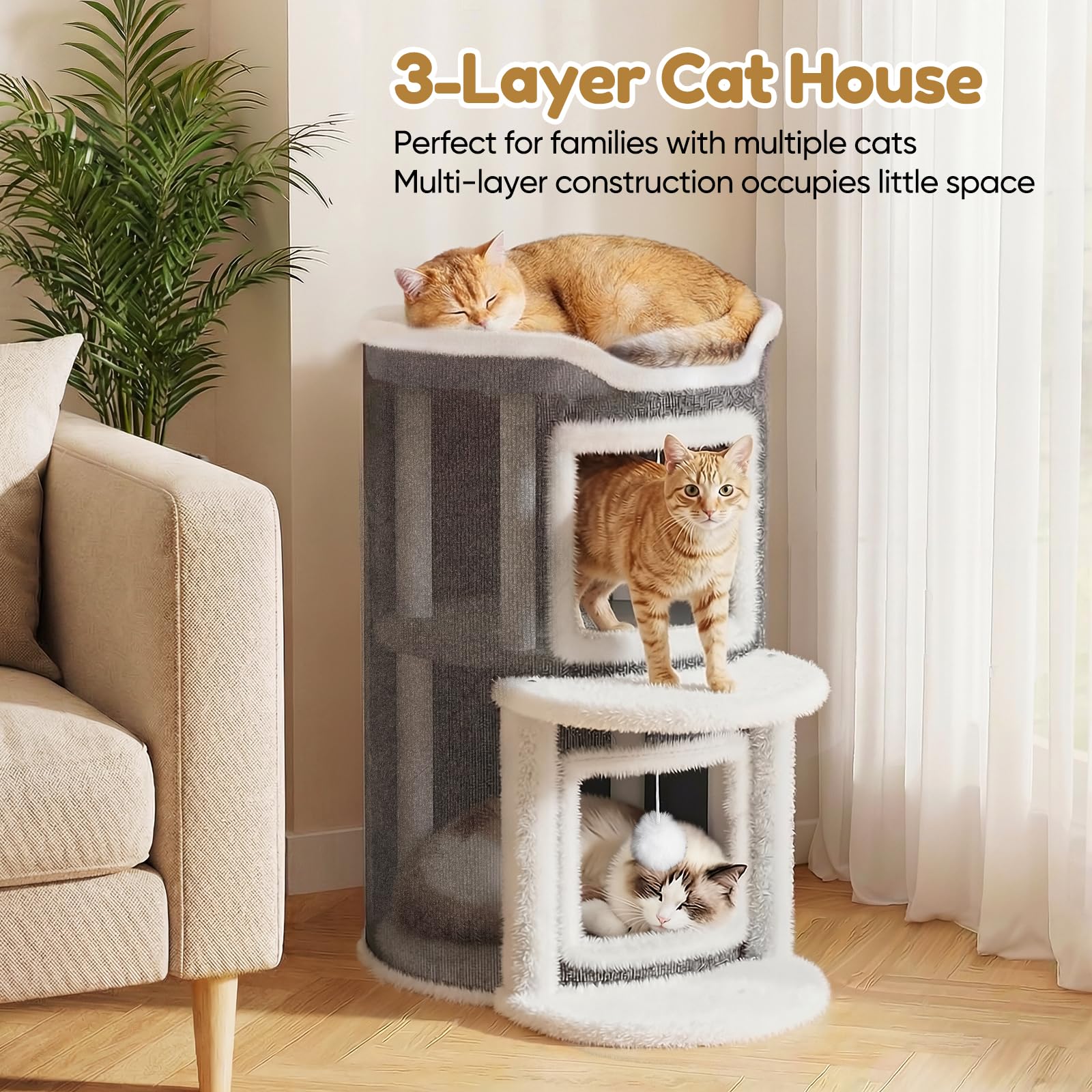 Cuccia per gatti a 3 piani, con tiragraffi e piattaforma per gatti da appartamento, con 2 grotte e piattaforma di visualizzazione, mobili per gatti con palla da gioco, 43 x 62 cm, grigio