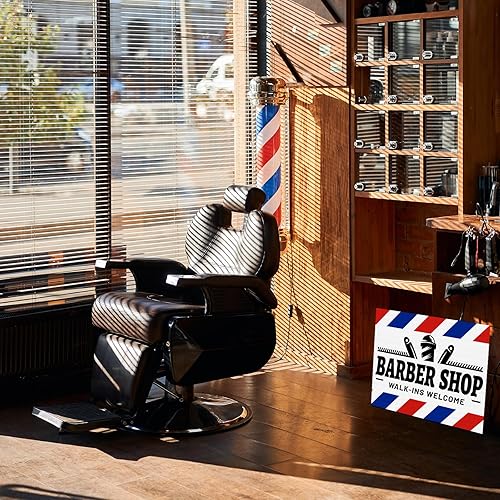 Vista 7 de Therwen Letrero de bienvenida de 3 piezas de 12 x 15.8 pulgadas, letrero de peluquería de doble cara a rayas azules para decoración de peluquería al