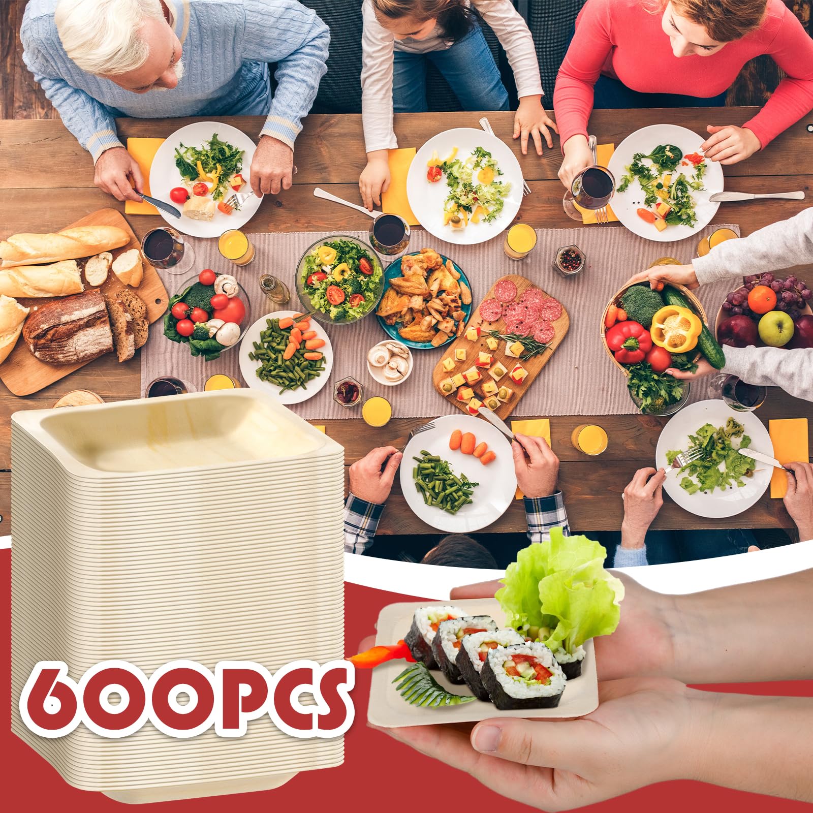 600 cuencos cuadrados desechables para hojas de palma, platos desechables de bambú, platos cuadrados de madera para fiestas de cumpleaños, eventos de boda, aperitivos, postres, catering y uso