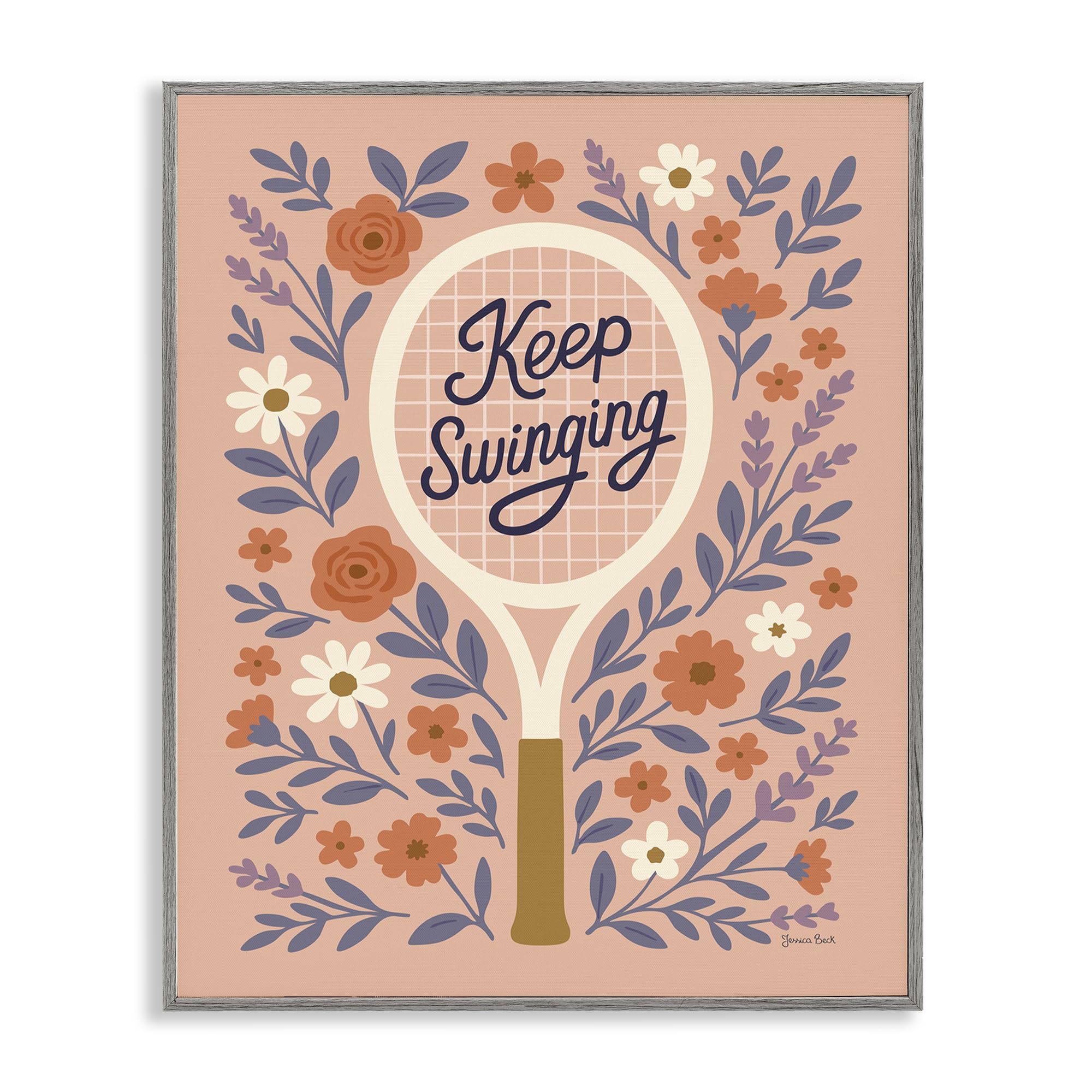 Stupell Industries Farmhouse Gray (Textured) 'Keep Swinging Floral Tennis'| Framed Giclee Art