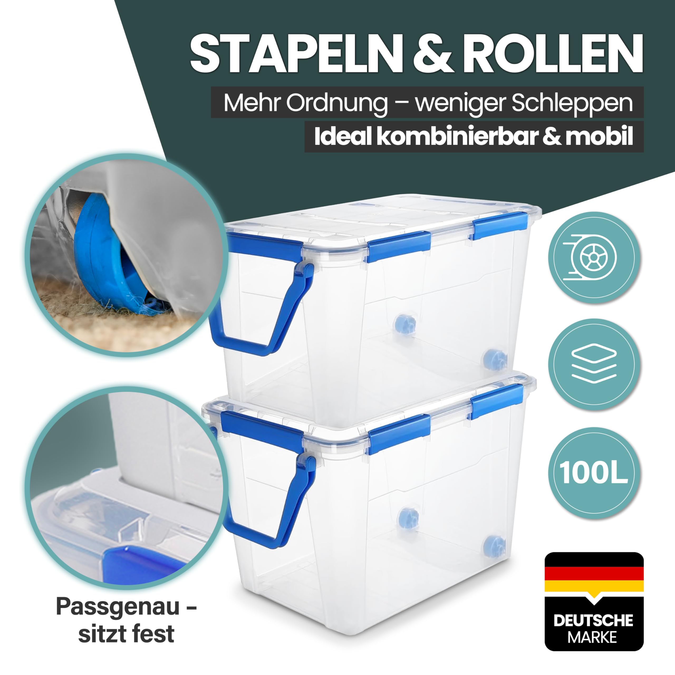 Kreher® Wasserdichte Aufbewahrungsbox Rollbox Transportbox (IP67) mit Deckel und Rollen. Aus robustem Kunststoff mit praktischen Transportgriff. 100 Liter Volumen. Staub- und Nässegschützt. (1)