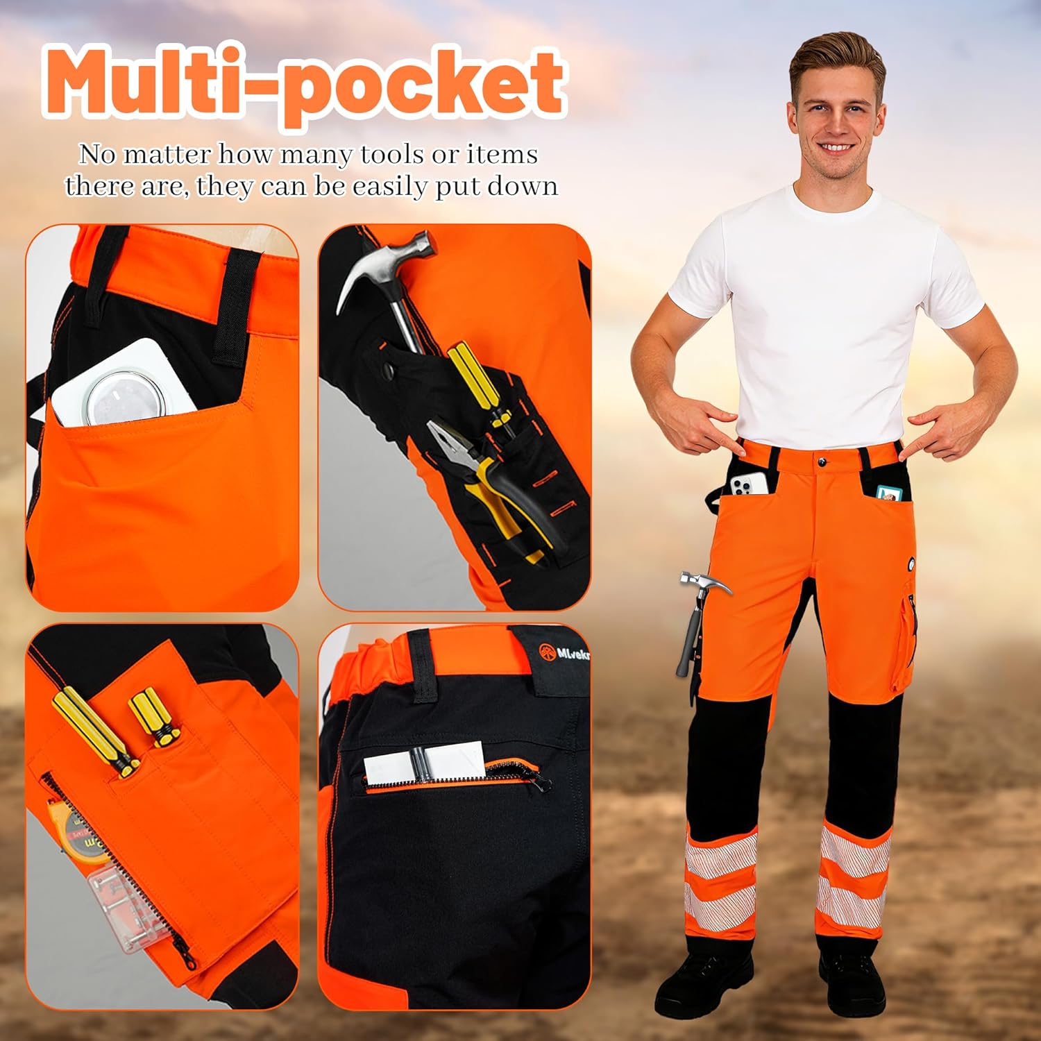 Men's High Visibility Work Pants Reflective Safety Pants Waterproof Stretchy Ripstop Cargo Pants Outdoor