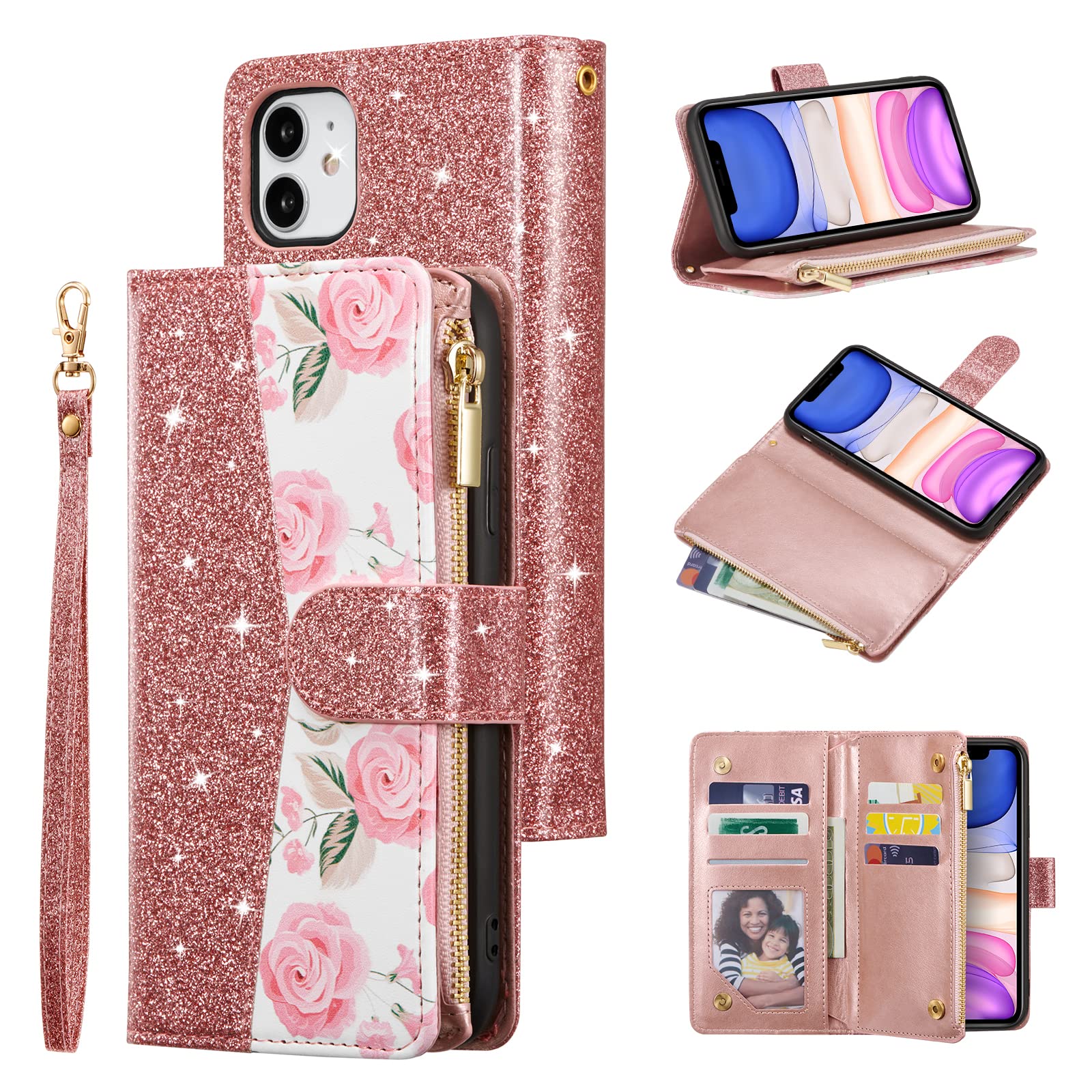 UEEBAI Wallet Case for iPhone 11 6.1 inch, Glitter PU Leather Magnetic Closure Handbag Zipper Pocket Case Kickstand Card Holder Slots with Wrist Strap TPU Shockproof Flip Cover - Bling Rose Gold