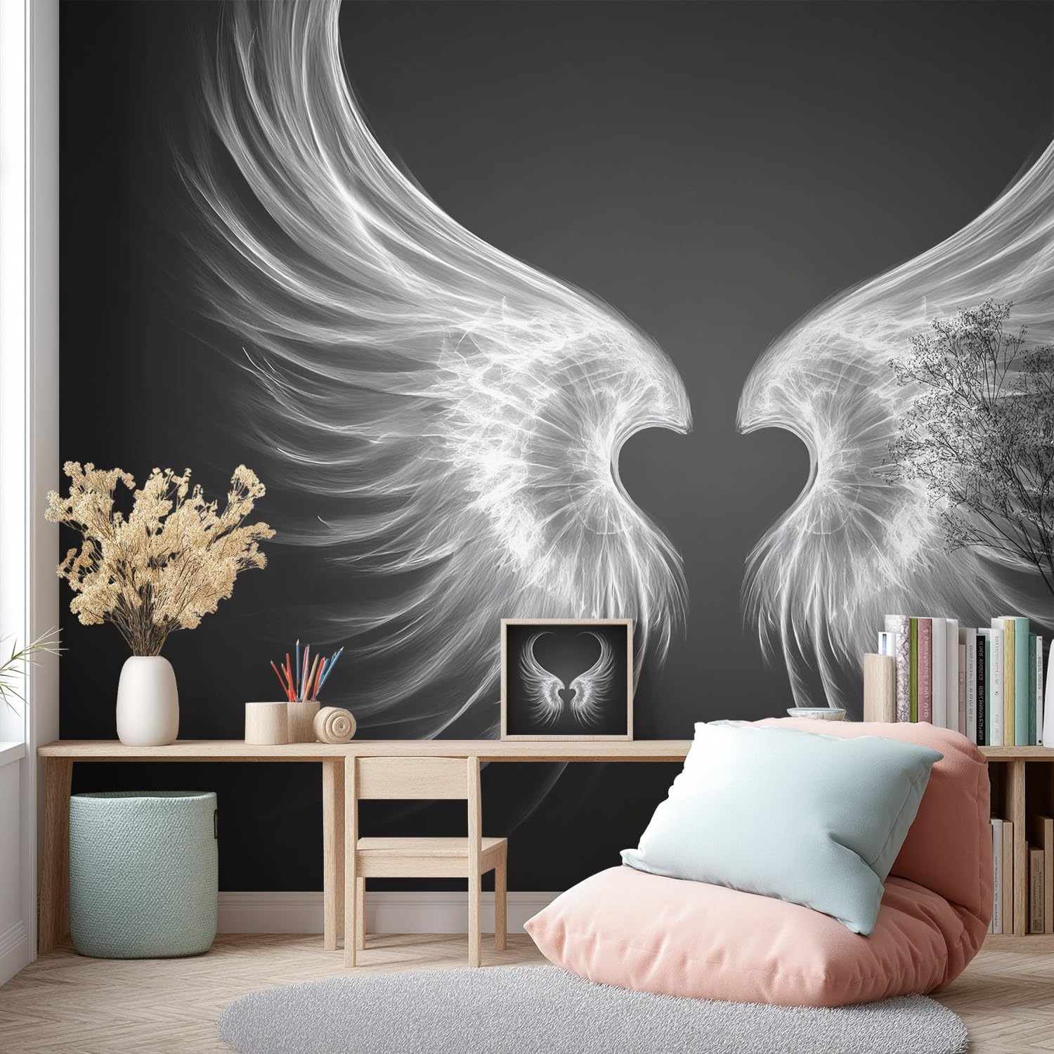 Tapeta subtelnie luksusowa, elegancka, eteryczna – anioł, skrzydło, serce – tapeta na fizelinie – tapeta na flizelinie – tapeta z motywem – 400 x 280 cm