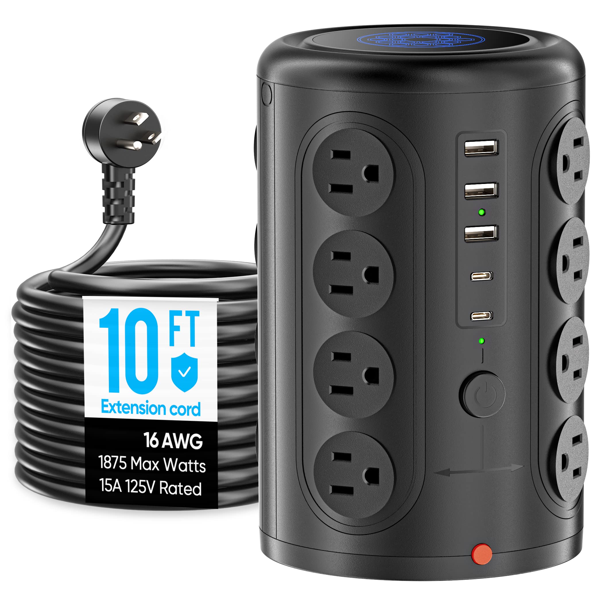Power Strip Surge Protector 10 FT Cord, Power Strip Tower with 16 AC Outlets 5 USB Ports (2 USB C), 1875W Charging Station for Home Office Desk, Dorm Room Essentials