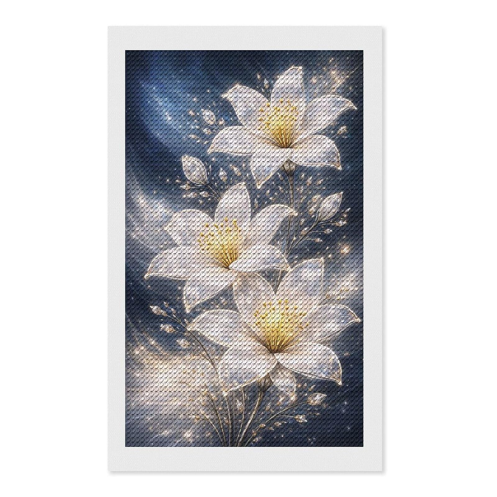 Junmoney Sparkling White Lilies in Cosmic Round Drill Diamond Painting 12"x20", for Craft Lovers, Stress Relief Craft, Bedroom Decor, Festive Craft Gift