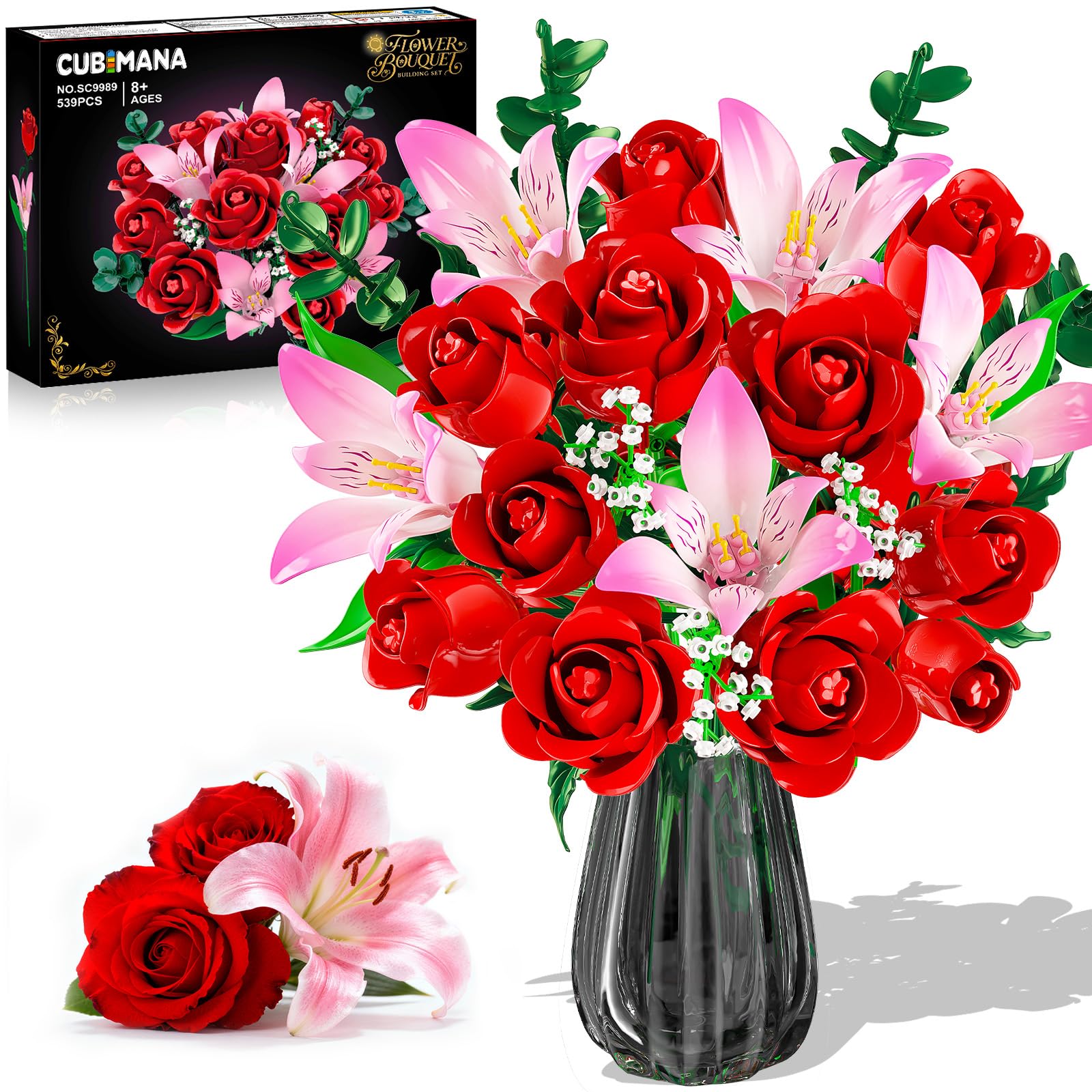 CUBIMANA Rose Flower Bouquet Building Set including LED