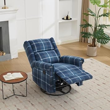 Swivel Rocker Recliner Chair, Manual Rocking Recliner Chair, Wingback Swivel Recliner Chair, Glider 360 Degree Swivel Chair with Padded Seat, Swivel Recliner Chairs for Living Room - Blue