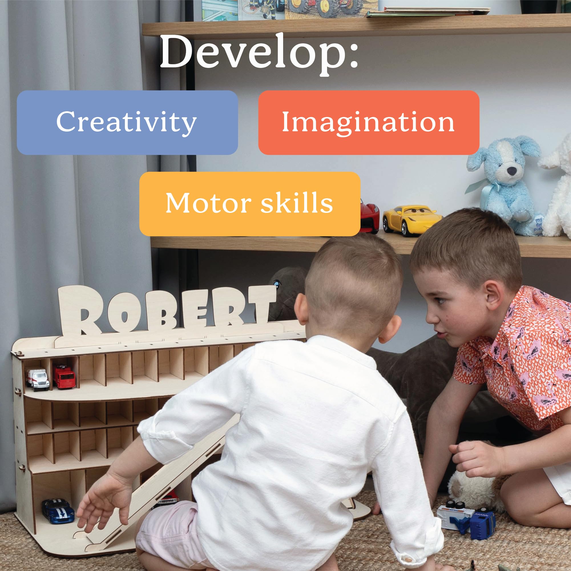 TOYBOX Nachhaltiges Holzspielzeug Auto Garage Set mit individuellem Namen, Spielzeug für Kinder ab 3 Jahren
