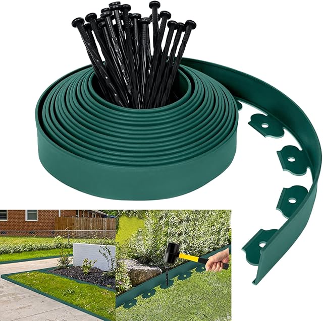 Aufun flexible lawn edging made of plastic 10mx5cm with 30 ground anchors for anchoring, bed border root barrier system, paving stones mowing edge garden decorative (10M, green)
