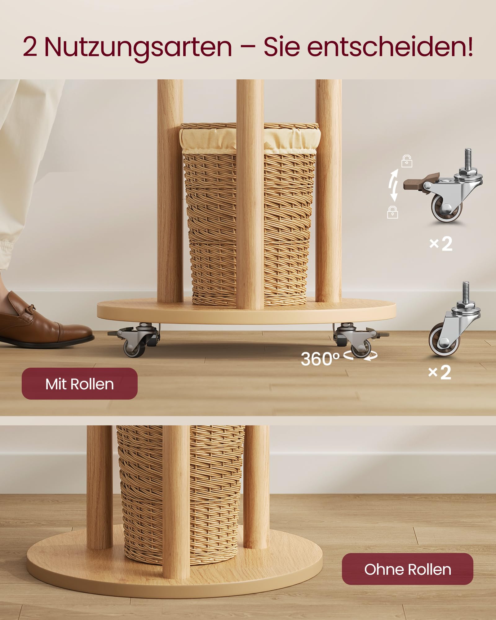 VASAGLE Garderobenständer, Kleiderständer mit 11 Haken und 3 Ablagen, 4 drehbare und abnehmbare Rollen, Haken und Haltestangen aus Massivholz, Eingang Schlafzimmer Wohnzimmer, naturfarben RCR023YK01