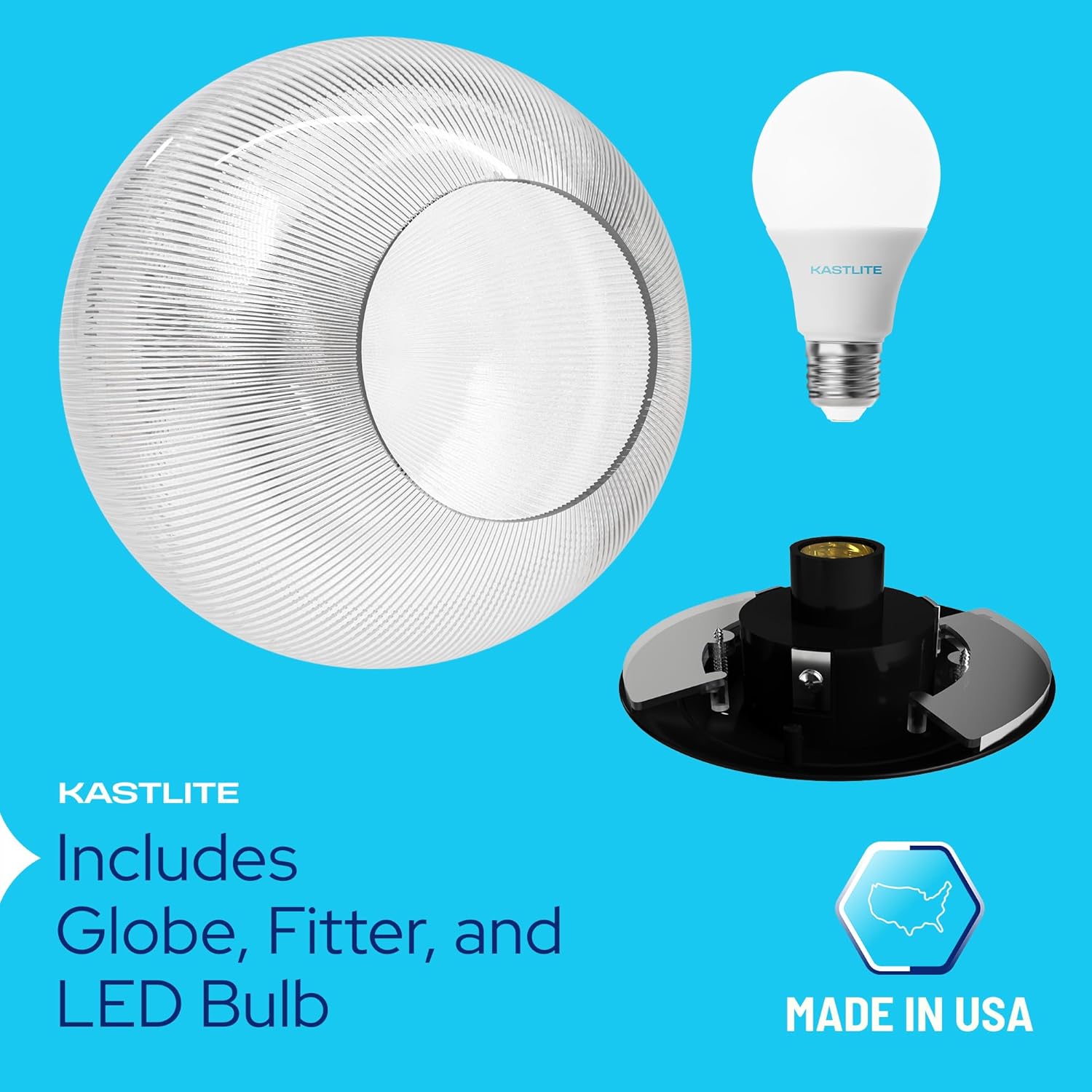KastLite Lamp Post Globe Combo Lighting Fixture | 12" Neckless Prismatic Lens with Black Fitter Wing Clips | Fits 3" Diameter Posts (Not Included) | Comes with with 5000K LED Bulb