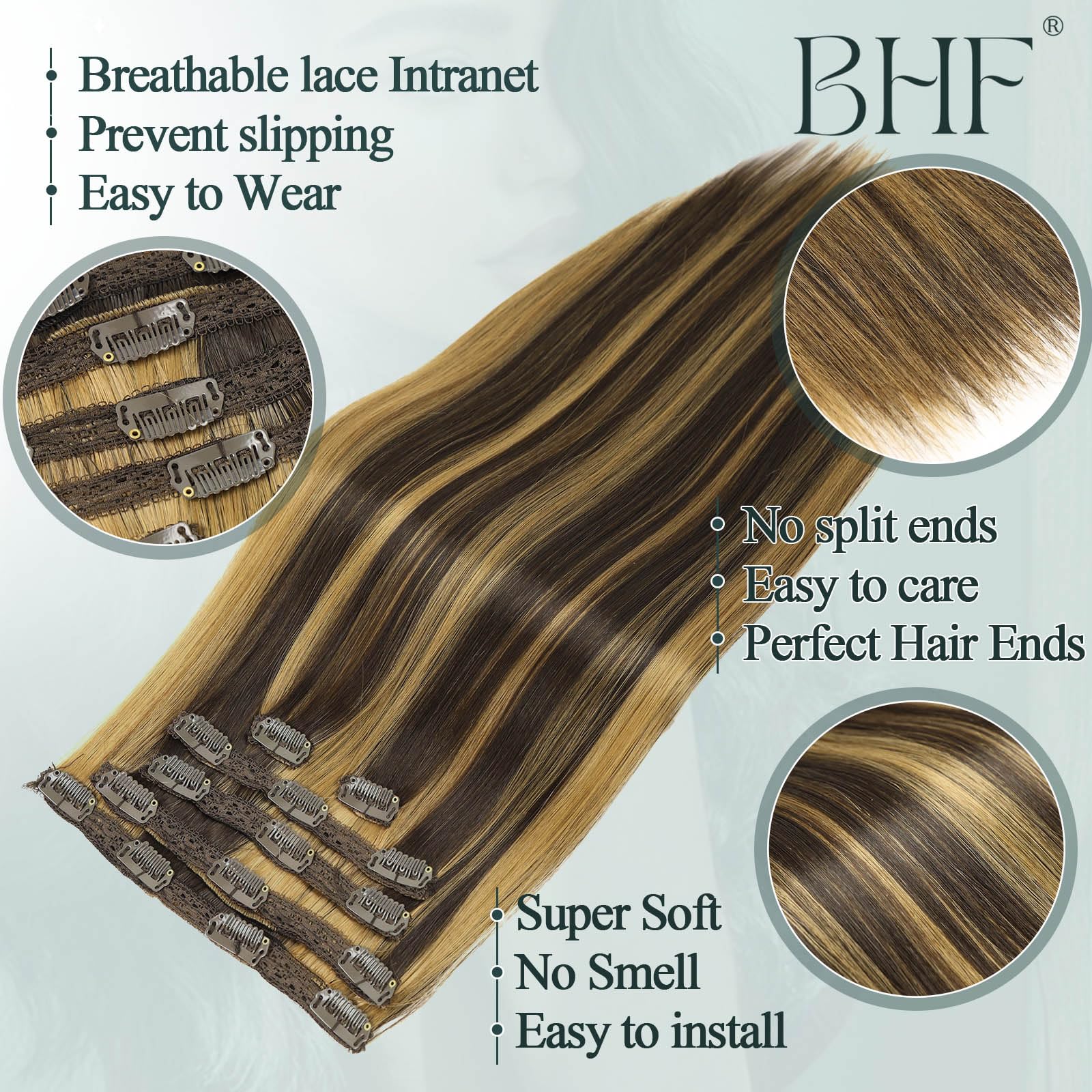 BHF 4/27 Hair Extensions Clip in -18 Long Straight Hair Extension Medium Brown with Caramel Blonde Highlight Clip In Hair Extension Synthetic Natural Hair Pieces for Women - Image 3
