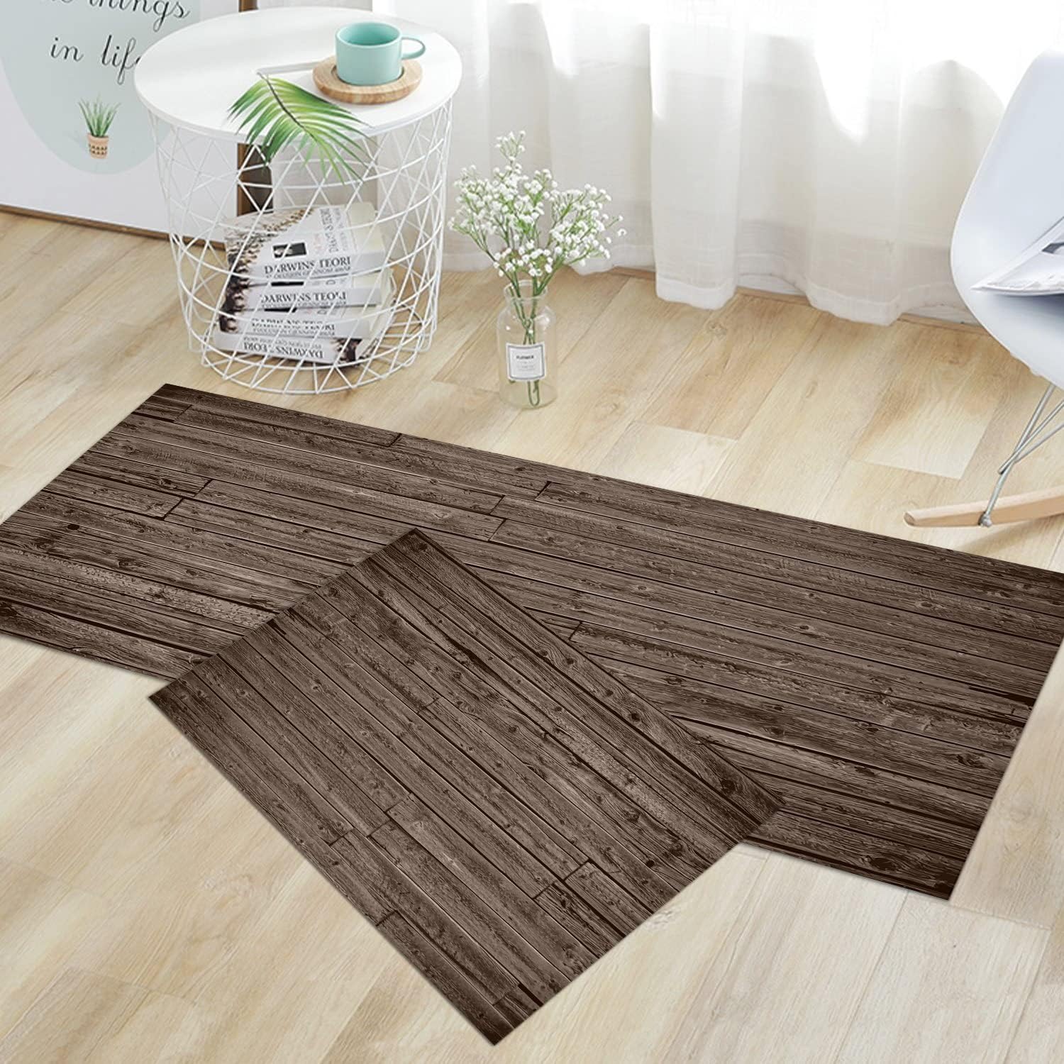 GUBIYU Vintage Wooden Area Rugs Runner Anti-Fatigue Kitchen Mat for Floor, Farmhouse Rustic Wood Themed Cushioned Kitchen Runner Rug Mat Stain Resistant Easy Wipe Clean Bathroom Rugs 23.6x59 Inches