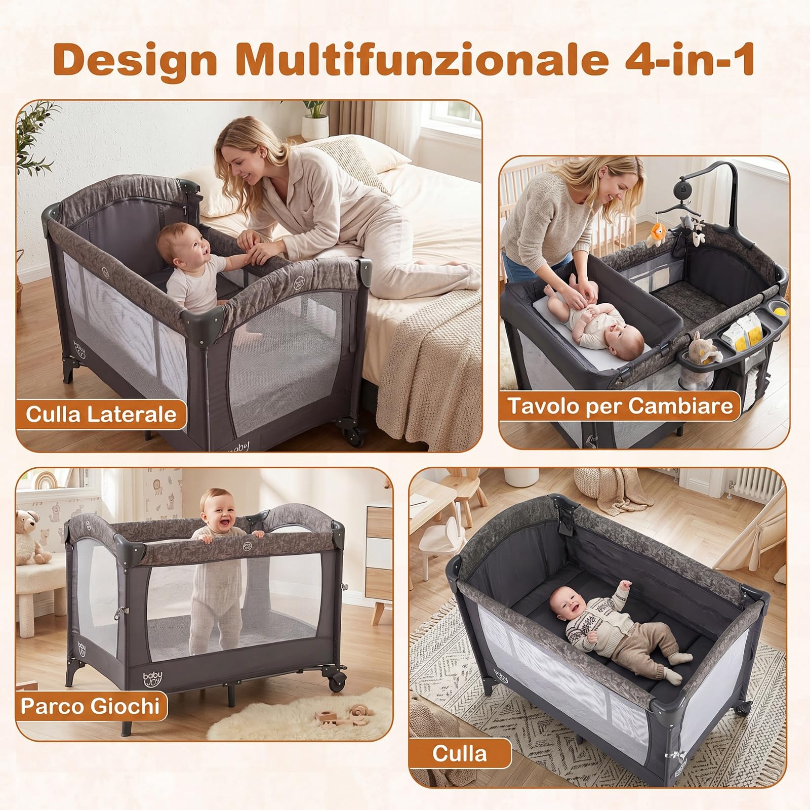 COSTWAY 4 in 1 Culla Co-sleeping Pieghevole per Neonato, 0-3 Anni | Lettino da Campeggio per Bambini con Ruote, Fasciatoio e Meterasso Rimovibile, Carillon e Giocattoli, Altezza Regolabile