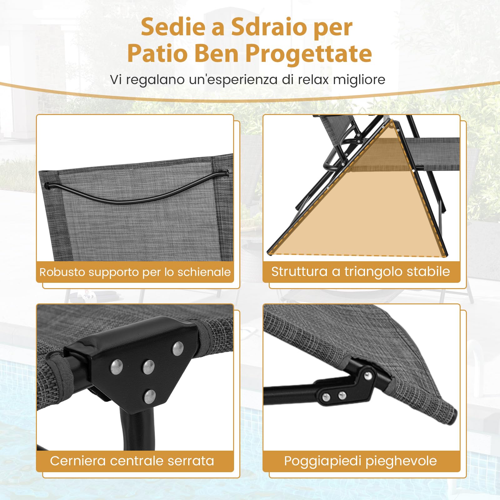 COSTWAY Set di 2 Lettini Prendisole da Giardino, Sdraio Pieghevoli con Schienale e Poggiapiedi Regolabili, in Tessuto Textilene con Braccioli, per Terrazza e Piscina, Portata 150 kg (Grigio)