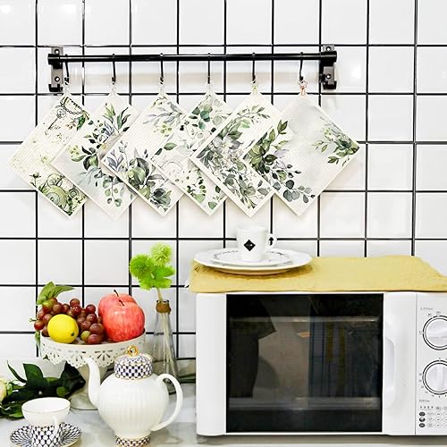 Miniatura 6 de Morigins 6 paños de cocina suecos, paños de limpieza de eucalipto verde, reutilizables, absorbentes, paños de esponja de secado rápido, lavables