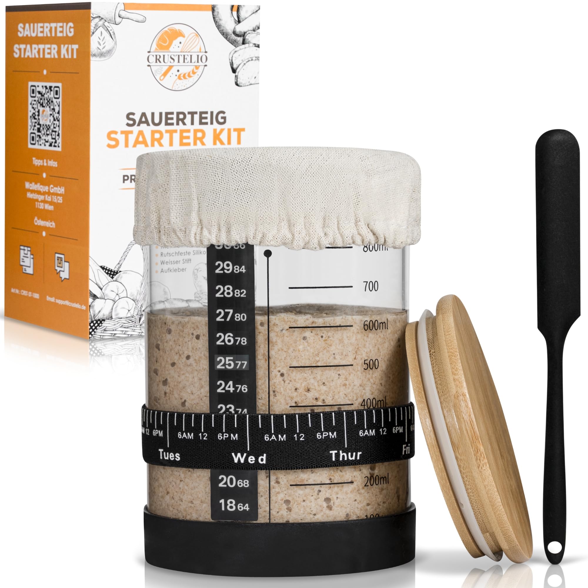 Crustelio Sauerteig Starter Set, 1000 ml Gärglas aus Borosilikatglas mit Spatel, Thermometer & Fütterungsband, Komplettes Sauerteig Starter Kit