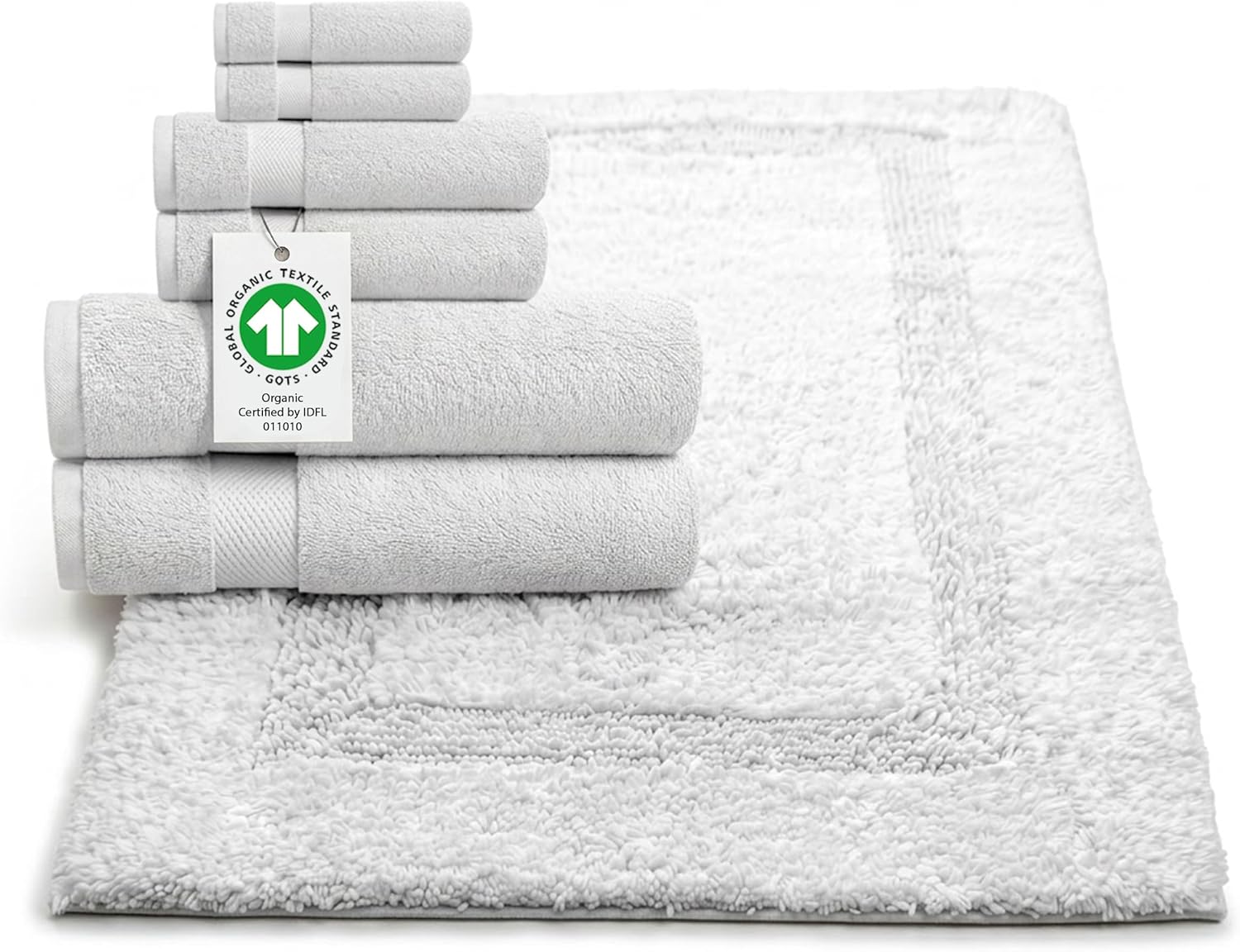 GOTS Certified Organic Cotton 7-Piece Towel Set | 3000 GSM Reversible Bath Mat, Ultra-Plush Spa Towels | Non-Toxic, Eco-Safe | 2 Bath, 2 Hand, 2 Washcloths, 1 Bath Mat - Dark Gray
