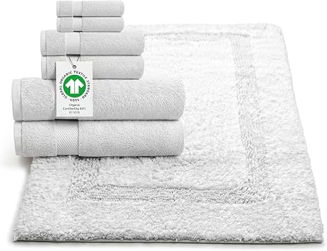 GOTS Certified Organic Cotton 7-Piece Towel Set | 3000 GSM Reversible Bath Mat, Ultra-Plush Spa Towels | Non-Toxic, Eco-Safe | 2 Bath, 2 Hand, 2 Washcloths, 1 Bath Mat - White